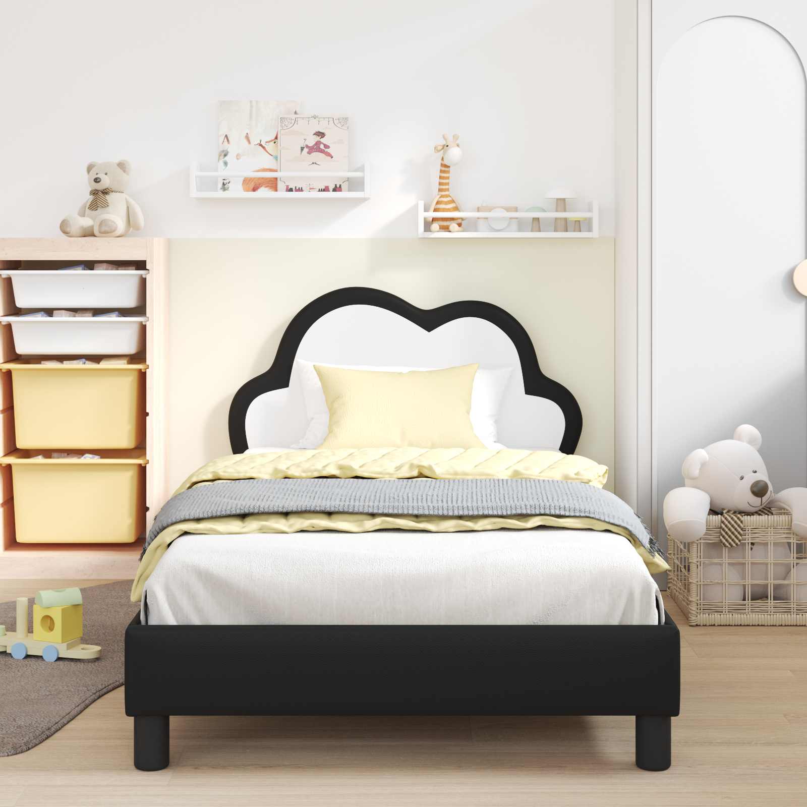 Kinderbettgestell mit Kopfteil Schwarz 90 x 190 cm PU