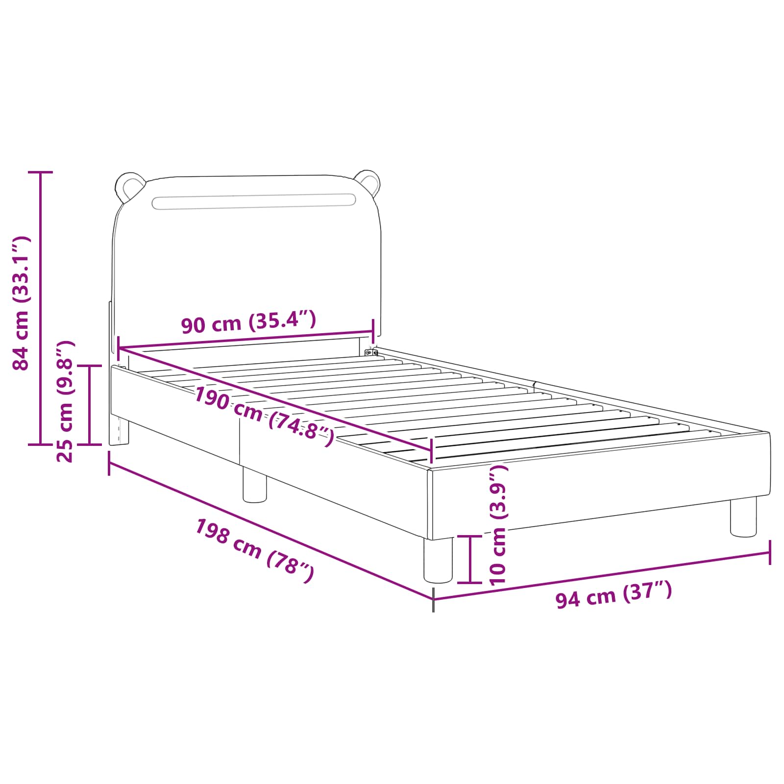 Kinderbettgestell mit Kopfteil Dunkelgrau 90 x 190 cm Stoff