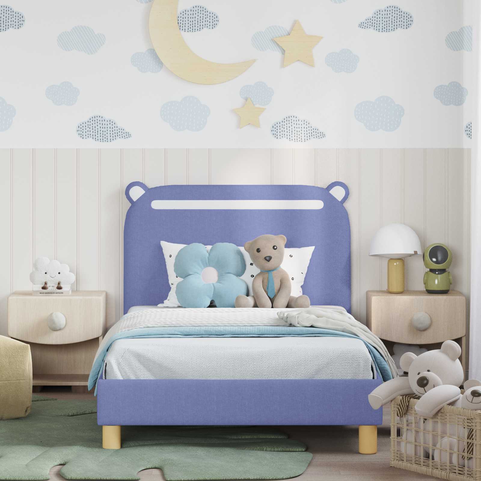 Kinderbettgestell mit Kopfteil Jeans blau 90 x 190 cm Stoff