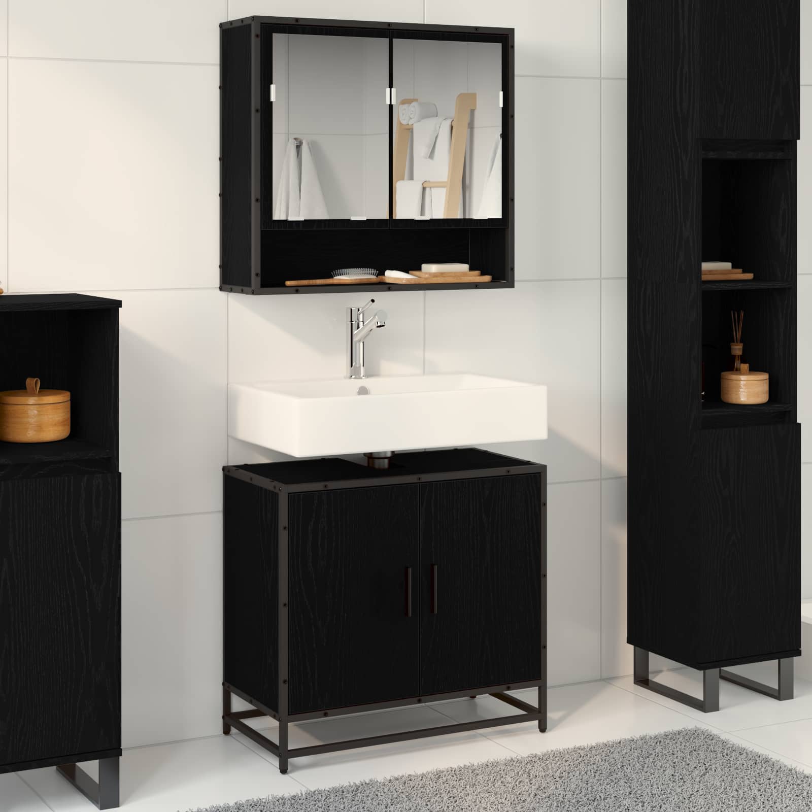 Waschbeckenschrank mit Tür Schwarz Eichen-Optik 65 x 33 x 60 cm