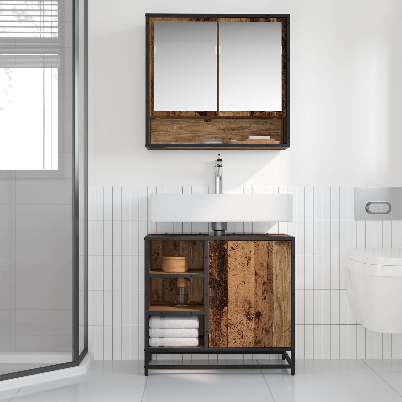 Badezimmerschrank mit Tür Altholz 65 x 33 x 60 cm Holzwerkstoff