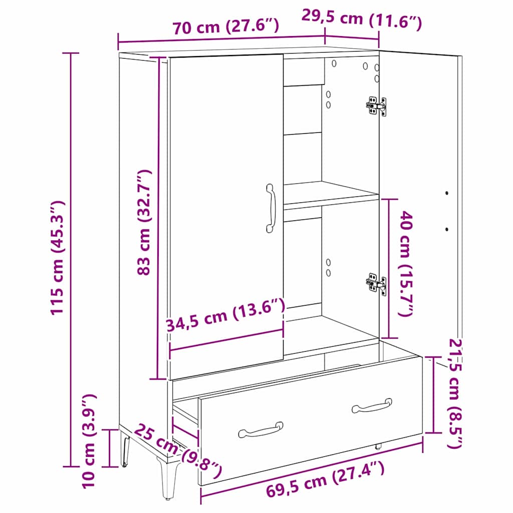 Highboard mit Schubladen Schwarz Eichen-Optik 70 x 31 x 115 cm