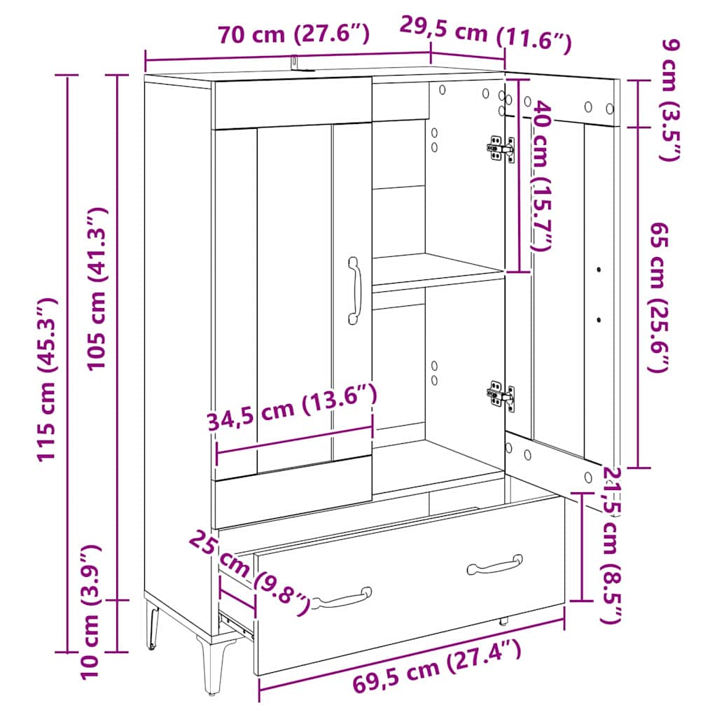 Highboard mit Schubladen Schwarz Eichen-Optik 70 x 31 x 115 cm