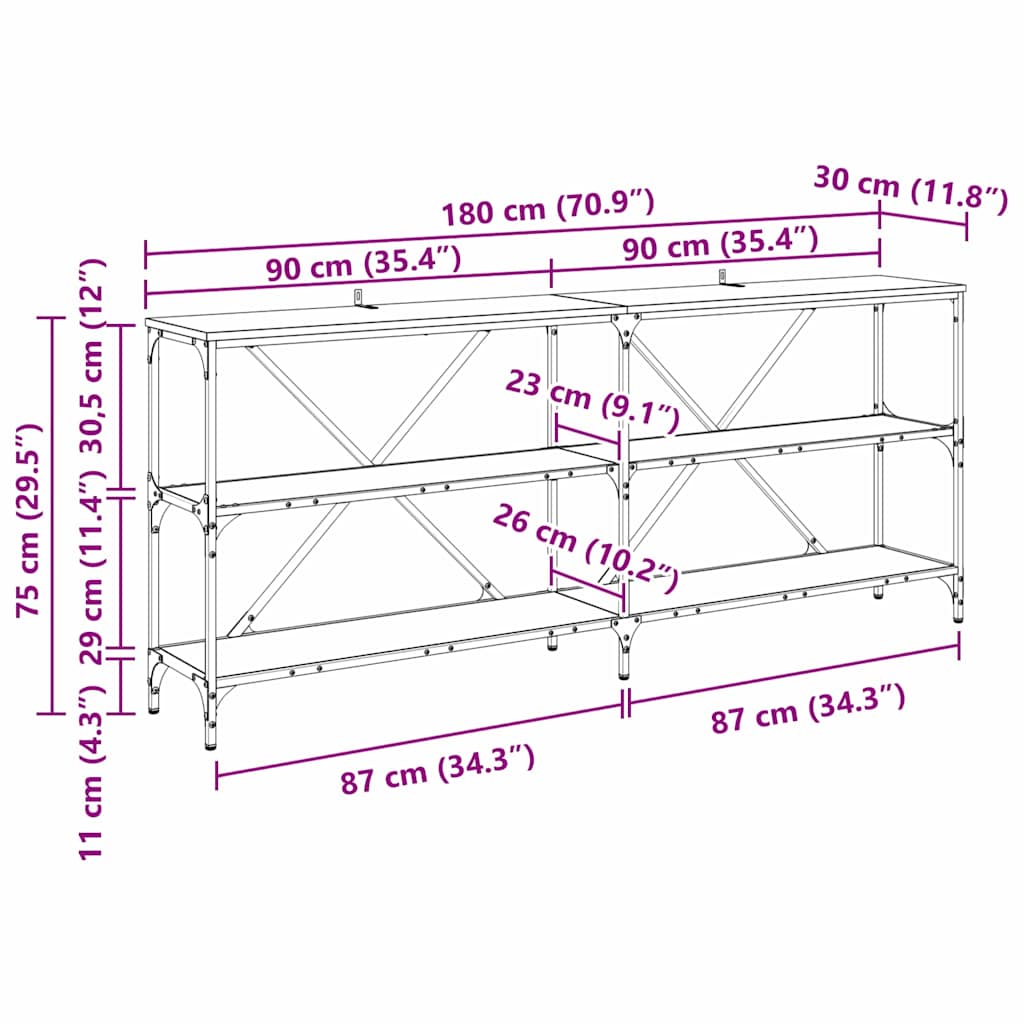 Konsolentisch mit Regal Schwarz Eichen-Optik 180 x 30 x 75 cm