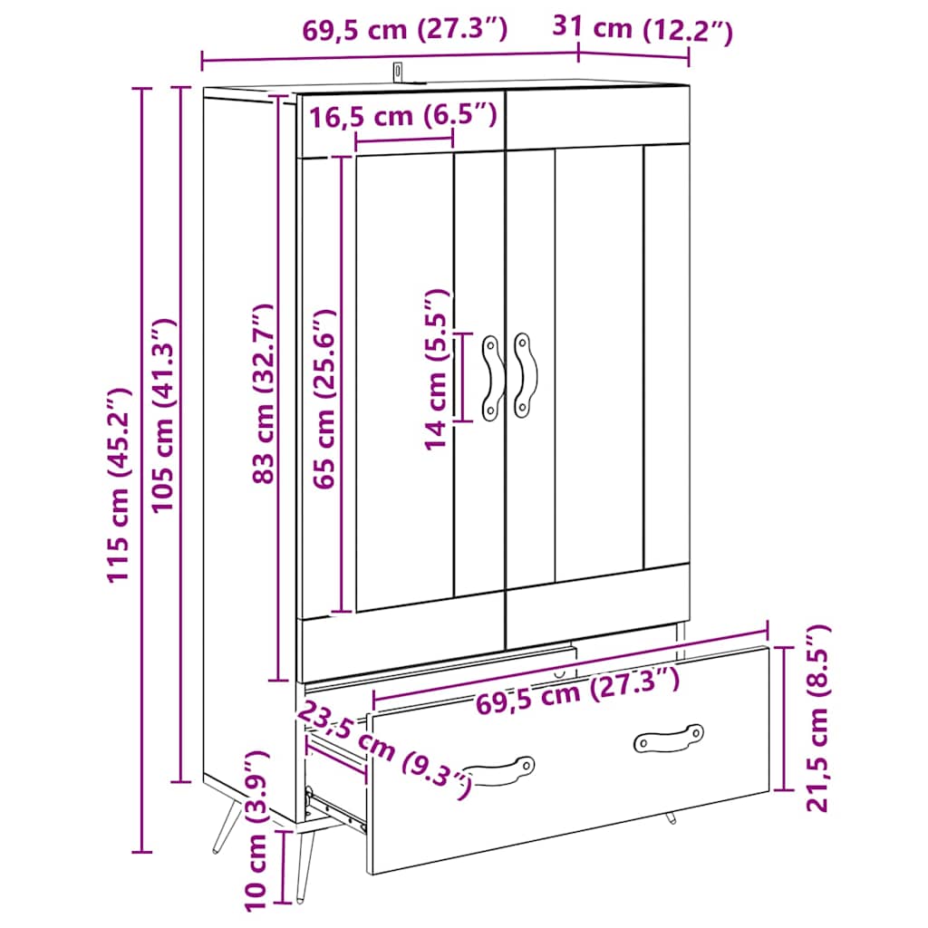 Highboard Schwarz Eichen-Optik 69,5 x 31 x 115 cm