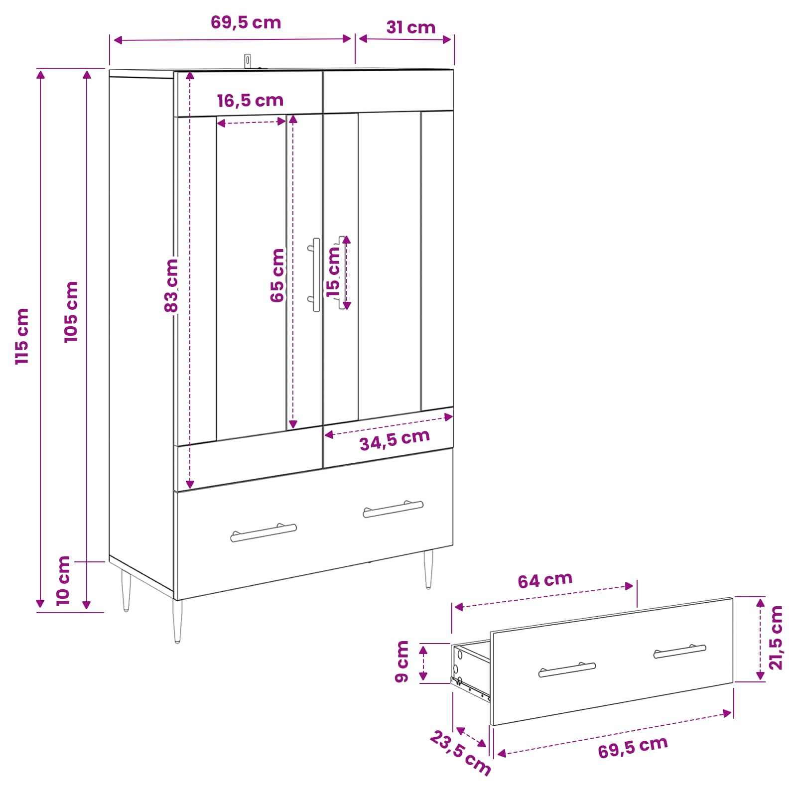 Highboard mit Schubladen Artisan-Eiche 69,5 x 31 x 115 cm