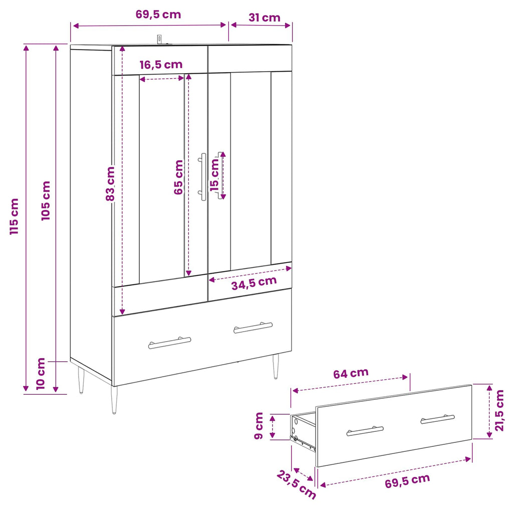Highboard Schwarz Eichen-Optik 69,5 x 31 x 115 cm