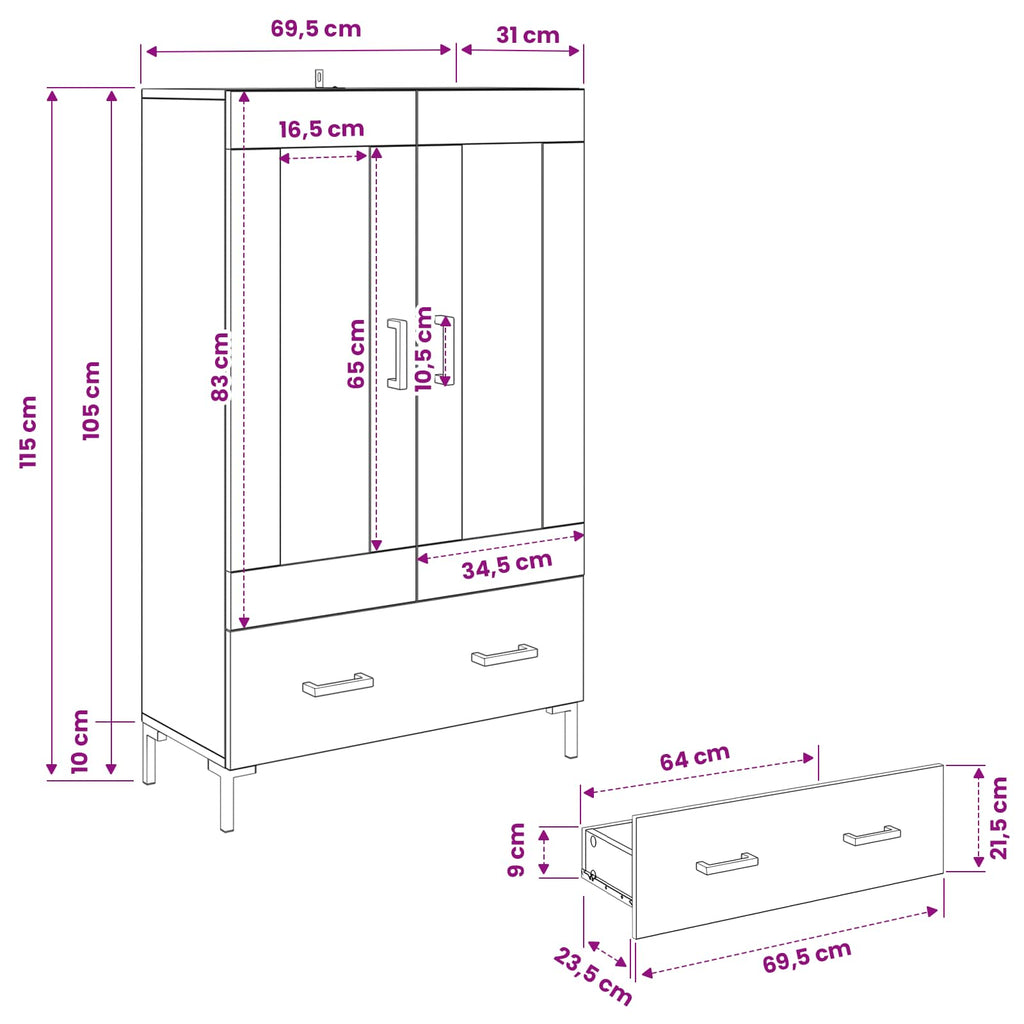 Highboard Altholz 69,5 x 31 x 115 cm Holzwerkstoff