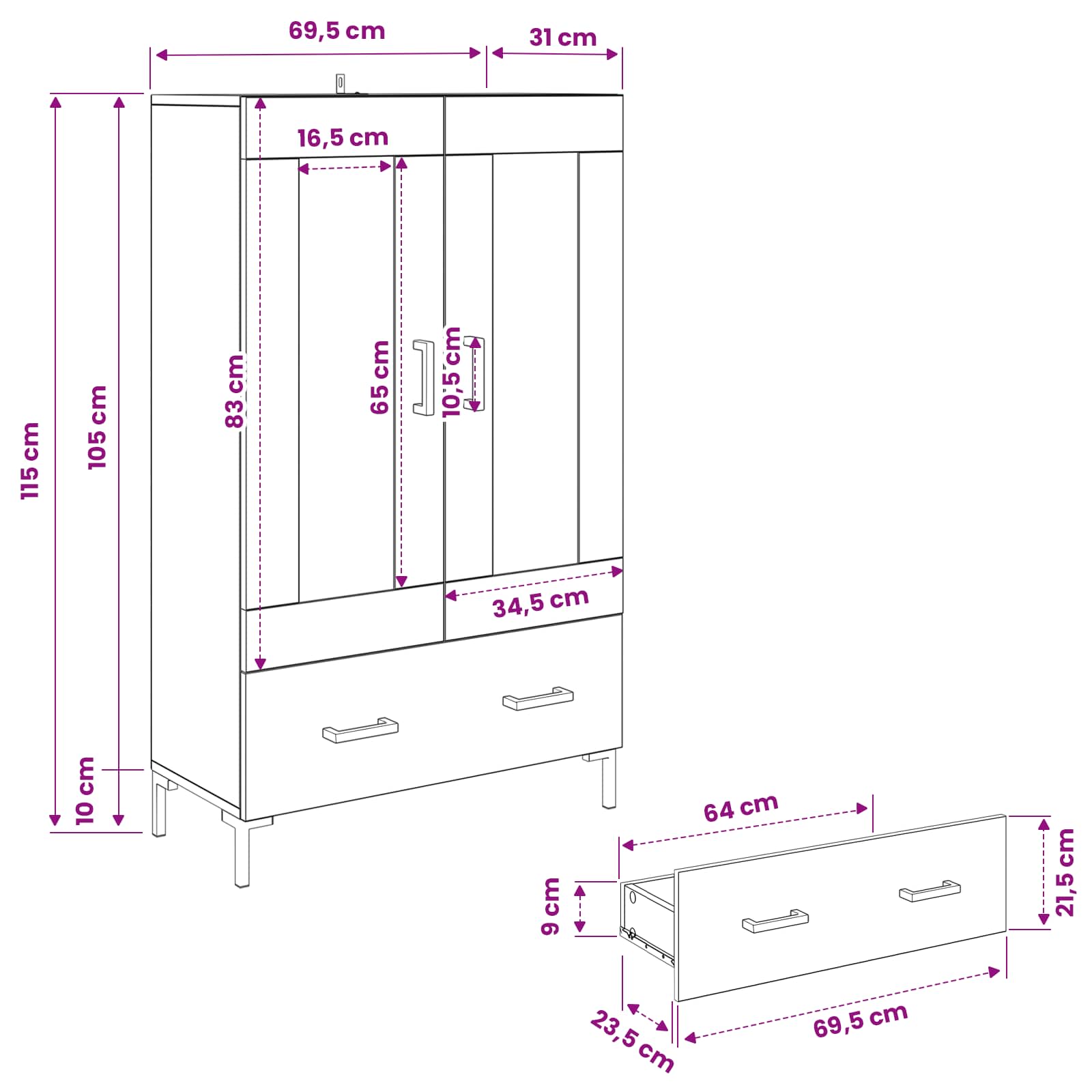 Highboard Artisan-Eiche 69,5 x 31 x 115 cm Holzwerkstoff