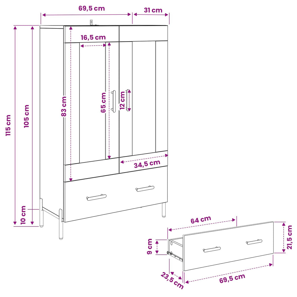 Highboard Corona Artisan-Eiche 69,5 x 31 x 115 cm Holzwerkstoff