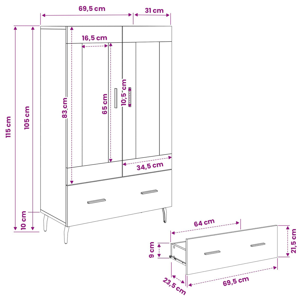 Highboard Schwarz Eichen-Optik 69,5 x 31 x 115 cm Holzwerkstoff