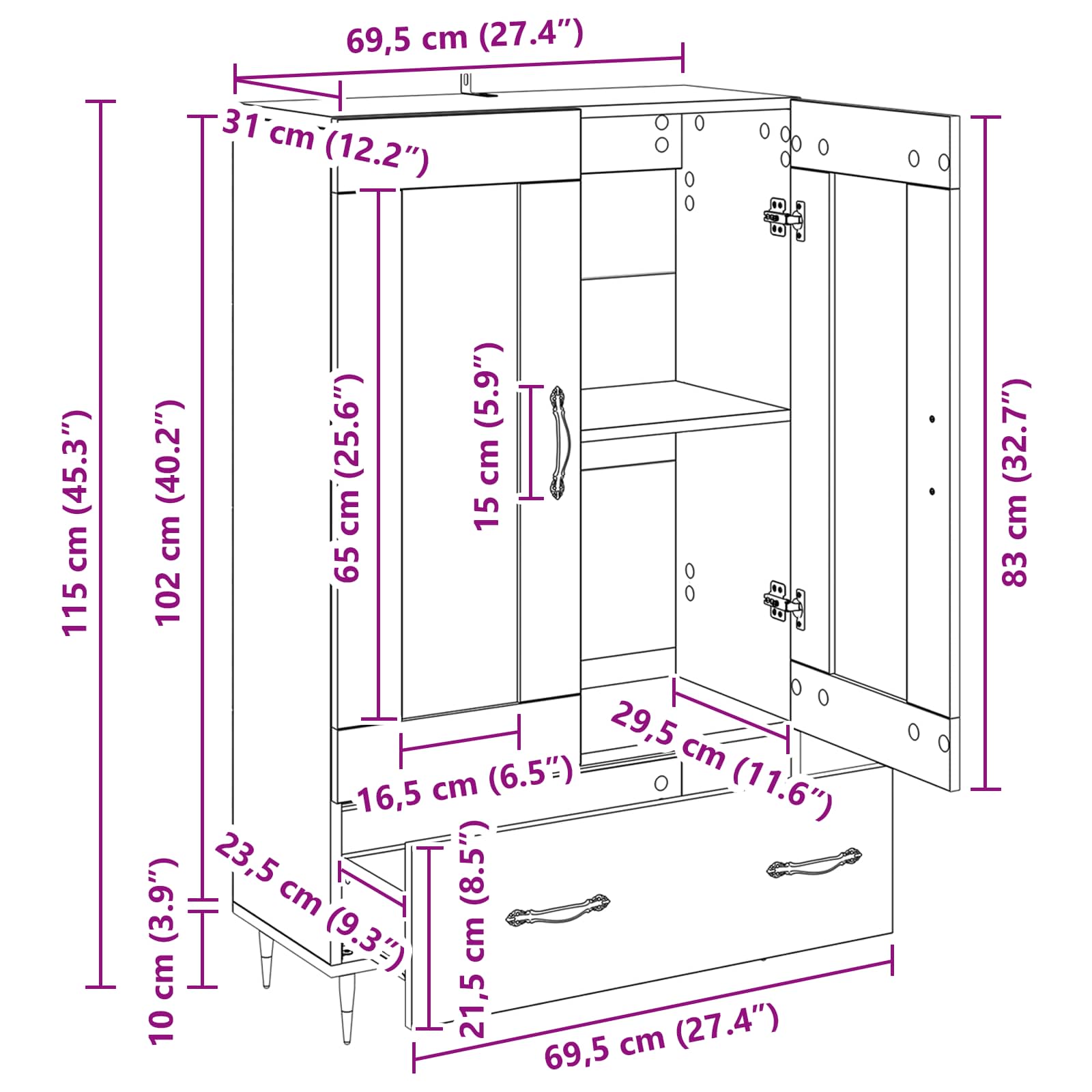 Highboard Altholz 69,5 x 31 x 115 cm Holzwerkstoff
