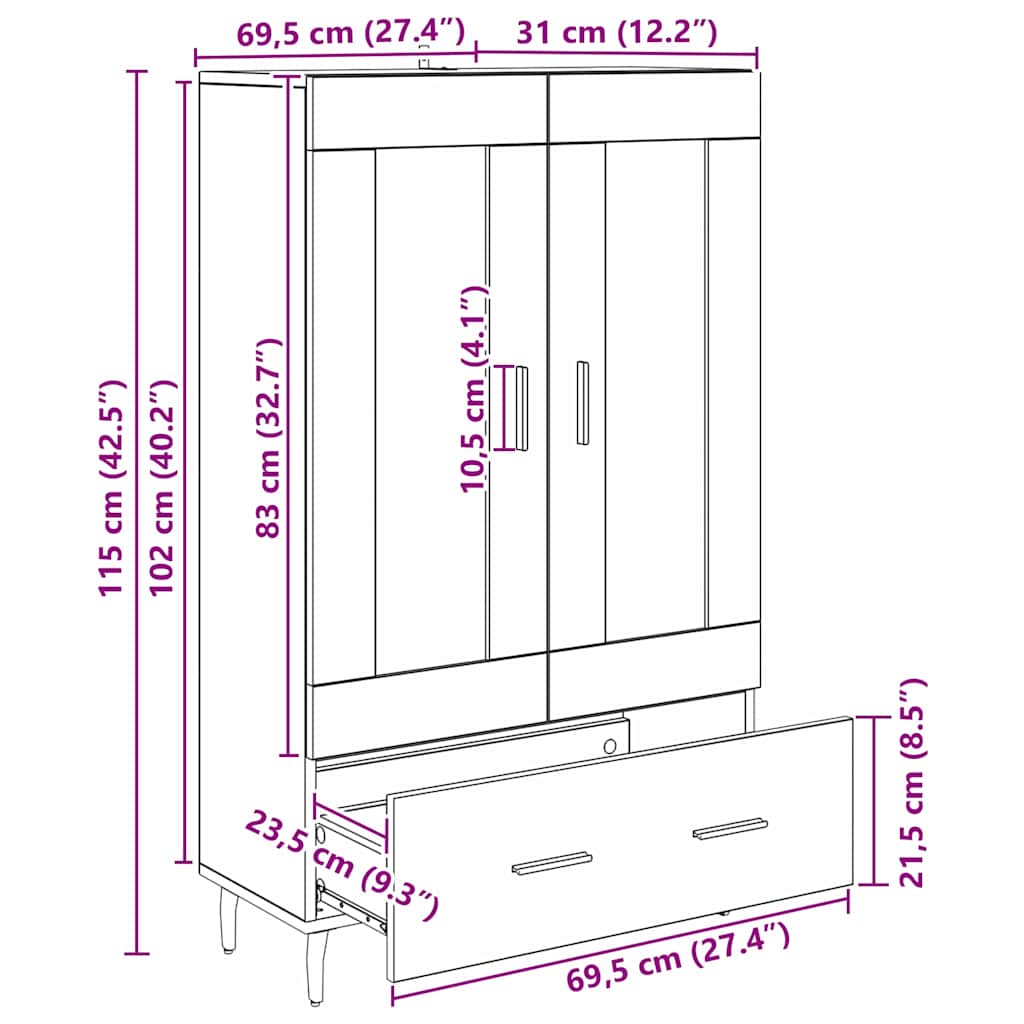 Highboard Artisan-Eiche 69,5 x 31 x 115 cm Holzwerkstoff