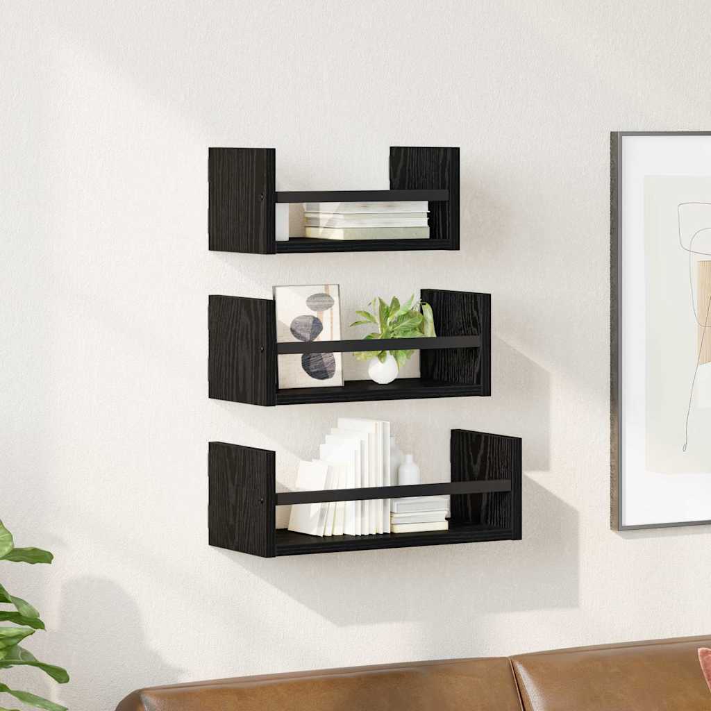 Wandregal-Set mit Regal 3 pcs Schwarz Eichen-Optik 40x16x14cm