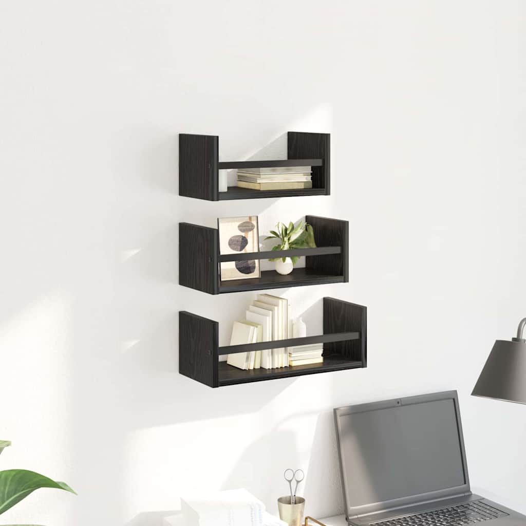 Wandregal-Set mit Regal 3 pcs Schwarz Eichen-Optik 40x16x14cm
