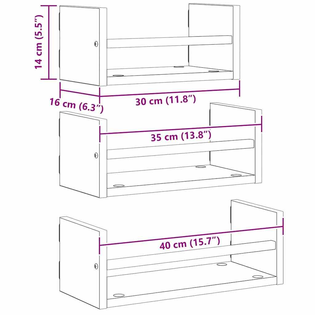 Wandregal-Set mit Regal 3 pcs Schwarz Eichen-Optik 40x16x14cm