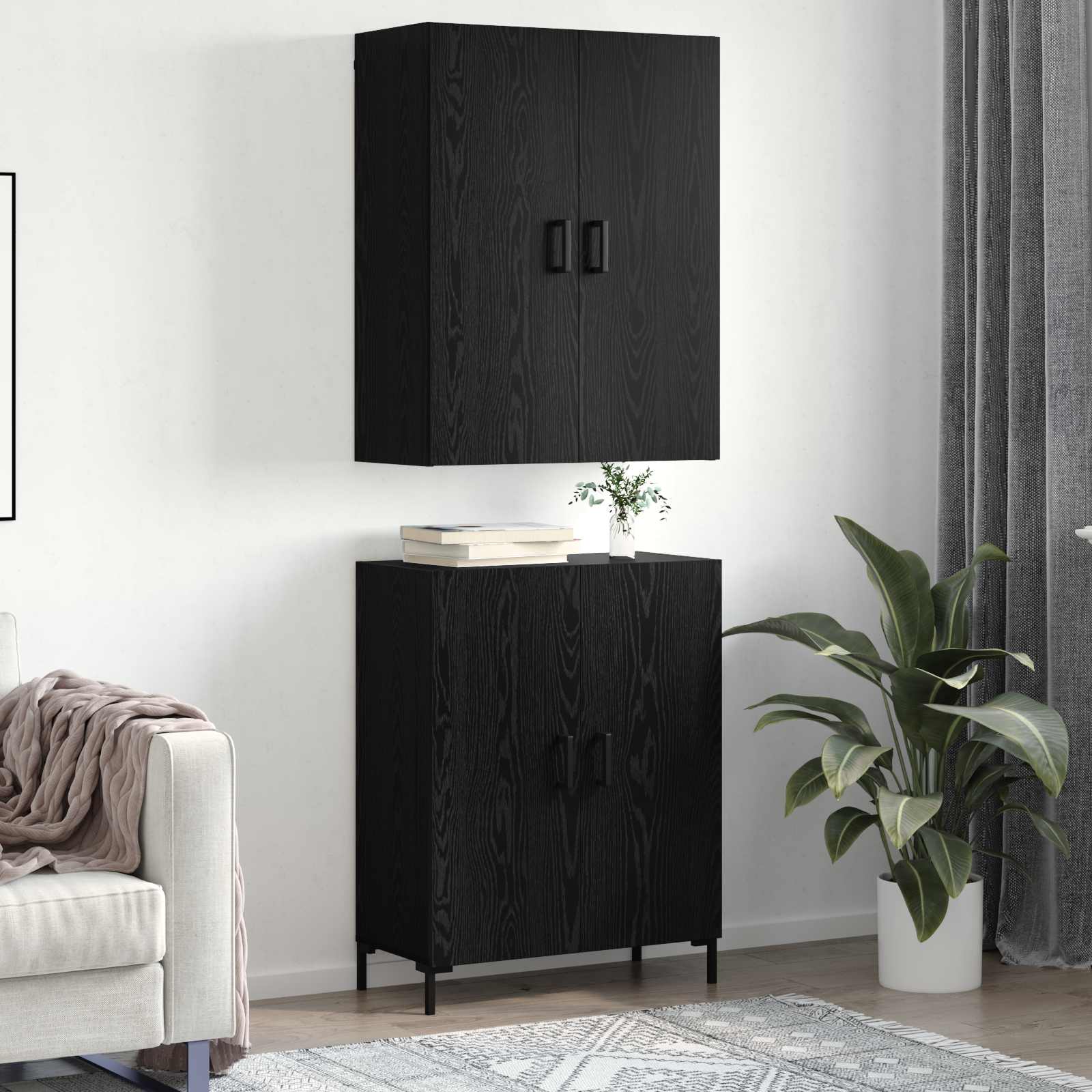 Highboard Schwarz Eichen-Optik 69,5 x 34 x 180 cm Holzwerkstoff