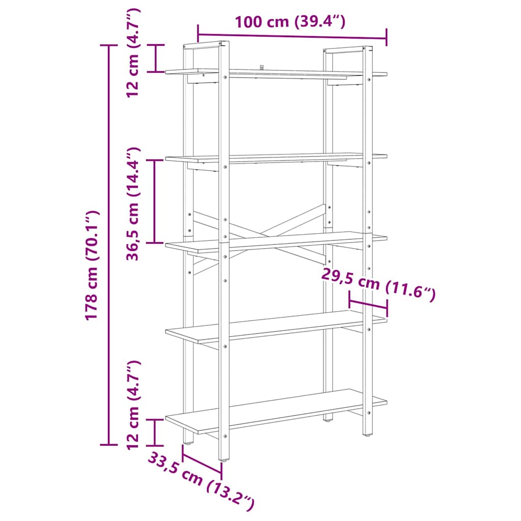 Bücherregal Graues Sonoma 100 x 33,5 x 178 cm Holzwerkstoff