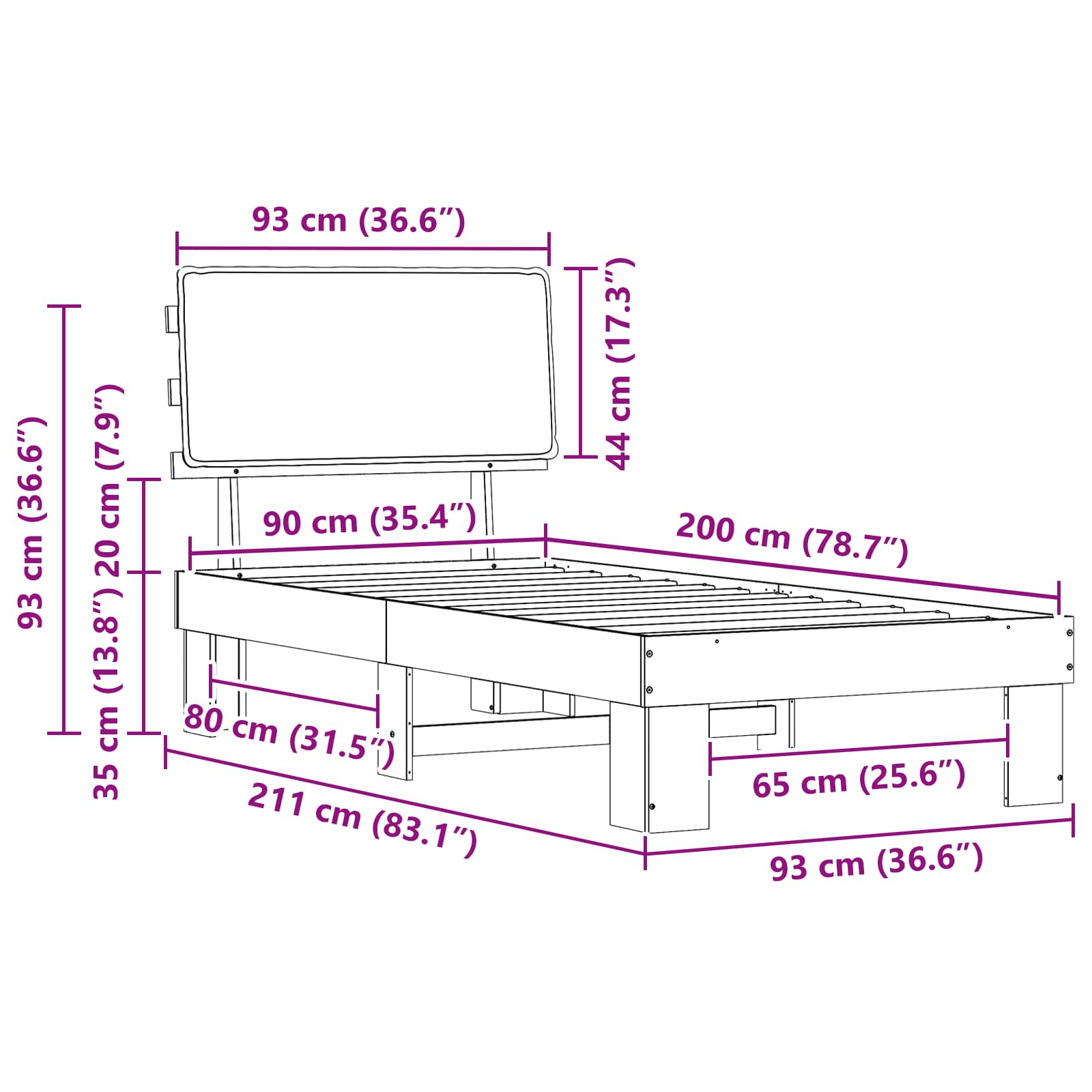 Bettgestell mit gepolstertem Kopfteil Schwarz 90 x 200 cm