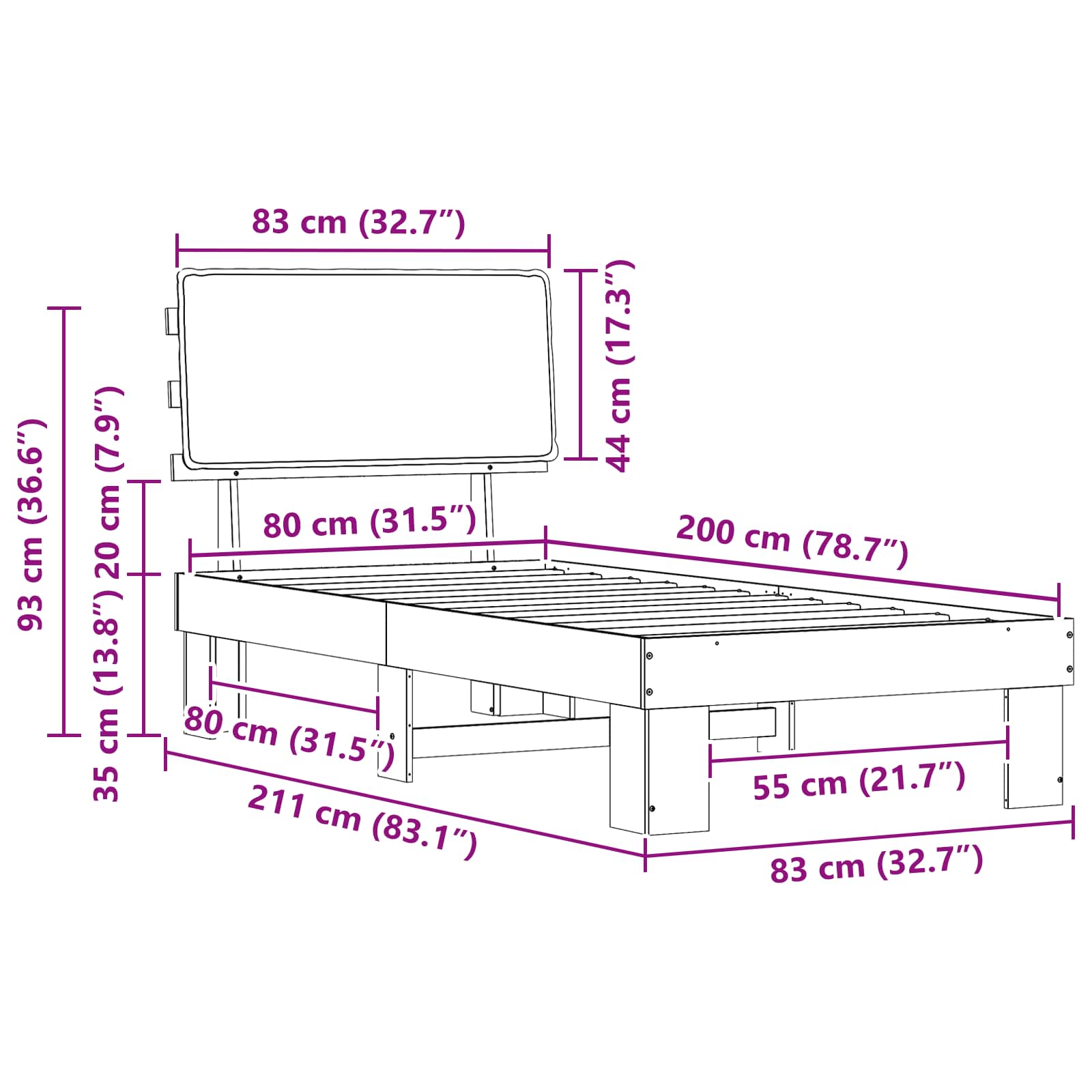 Bettgestell mit gepolstertem Kopfteil Schwarz 80 x 200 cm