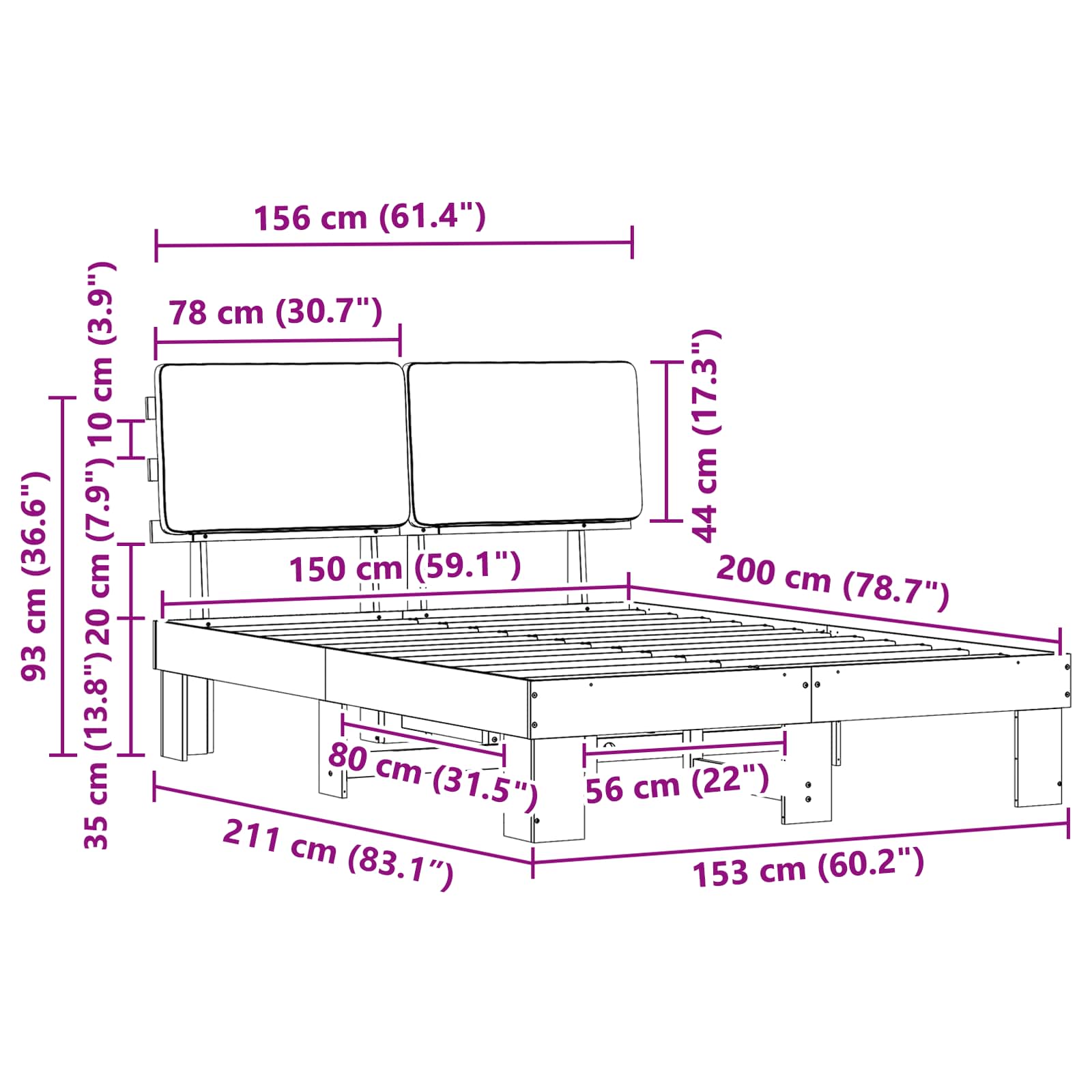 Bettgestell mit gepolstertem Kopfteil Dunkelgrau 150 x 200 cm