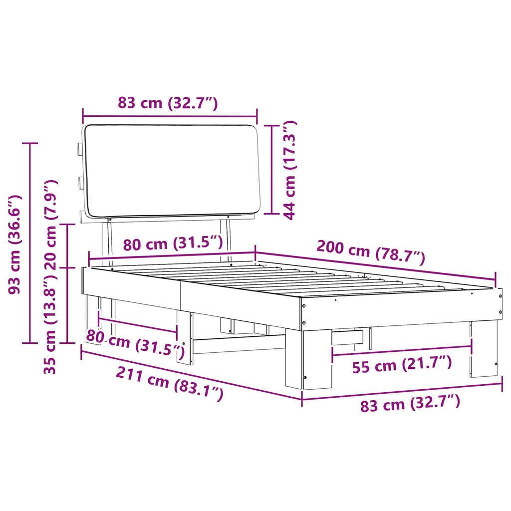Bettgestell mit gepolstertem Kopfteil Schwarz 80 x 200 cm