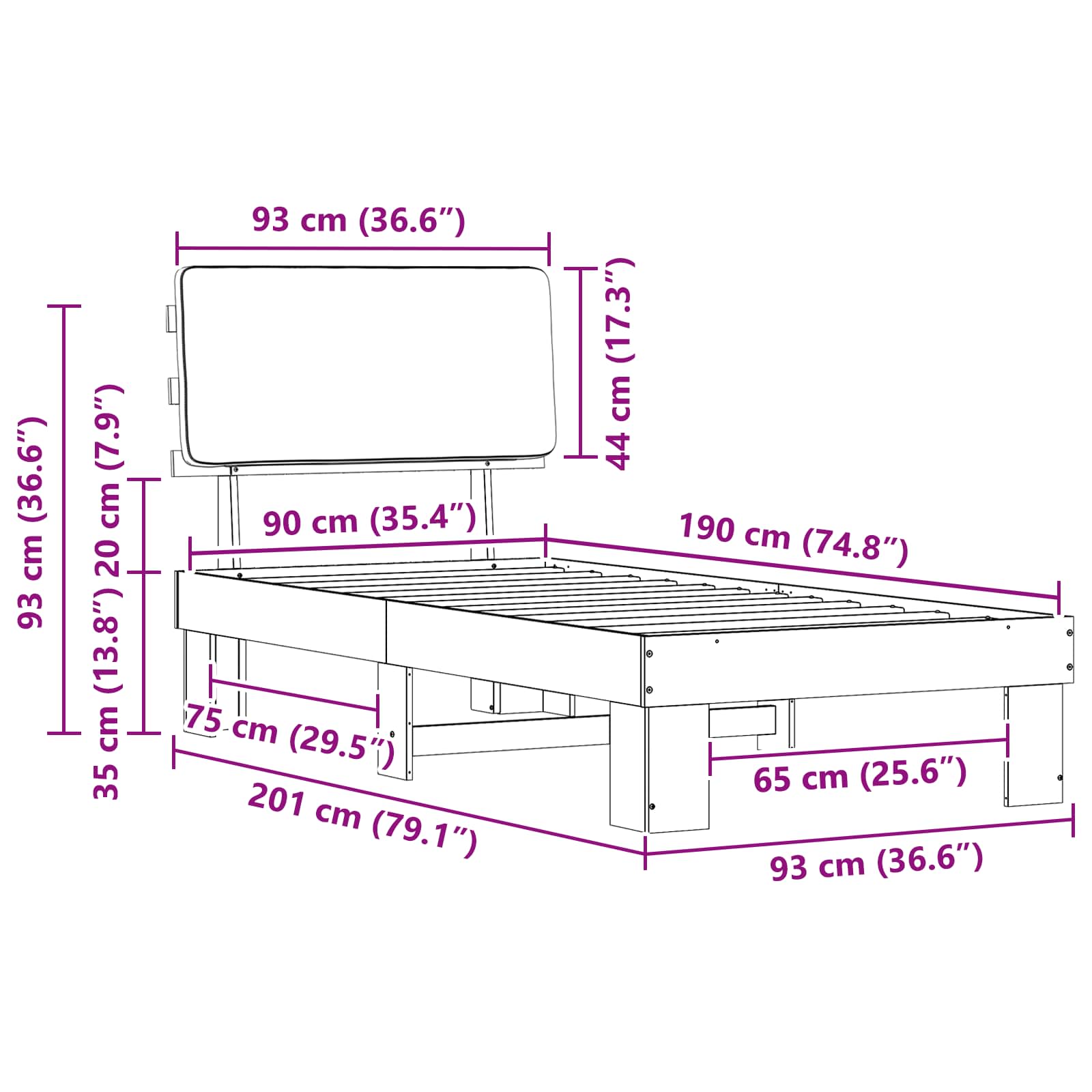Bettgestell mit gepolstertem Kopfteil Schwarz 90 x 190 cm