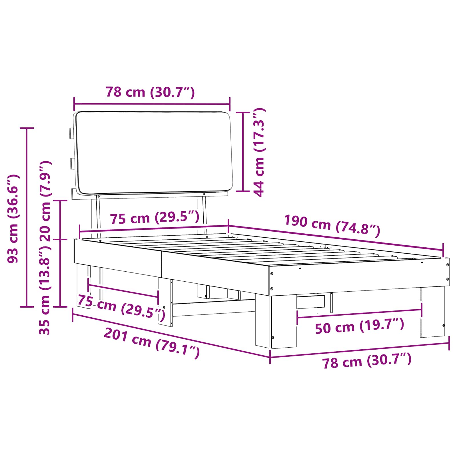 Bettgestell mit gepolstertem Kopfteil Taupe 75 x 190 cm