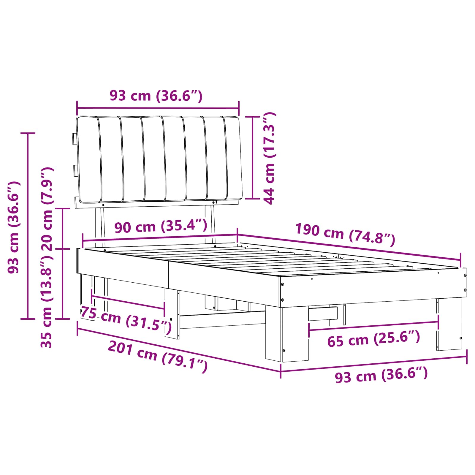 Bettgestell mit gepolstertem Kopfteil Schwarz 90 x 190 cm