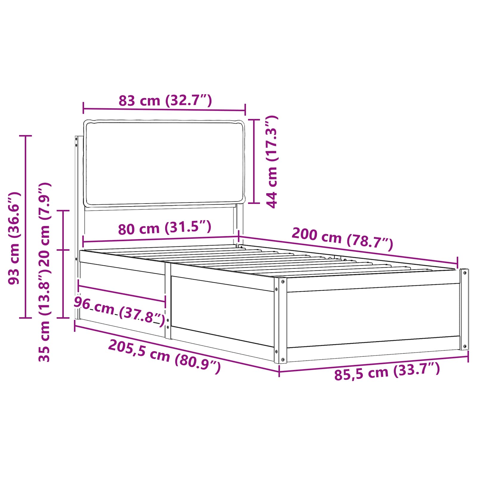 Bettgestell mit gepolstertem Kopfteil Schwarz 80 x 200 cm