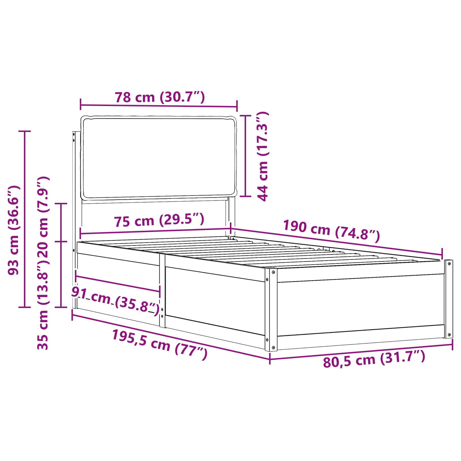 Bettgestell mit gepolstertem Kopfteil Taupe 75 x 190 cm