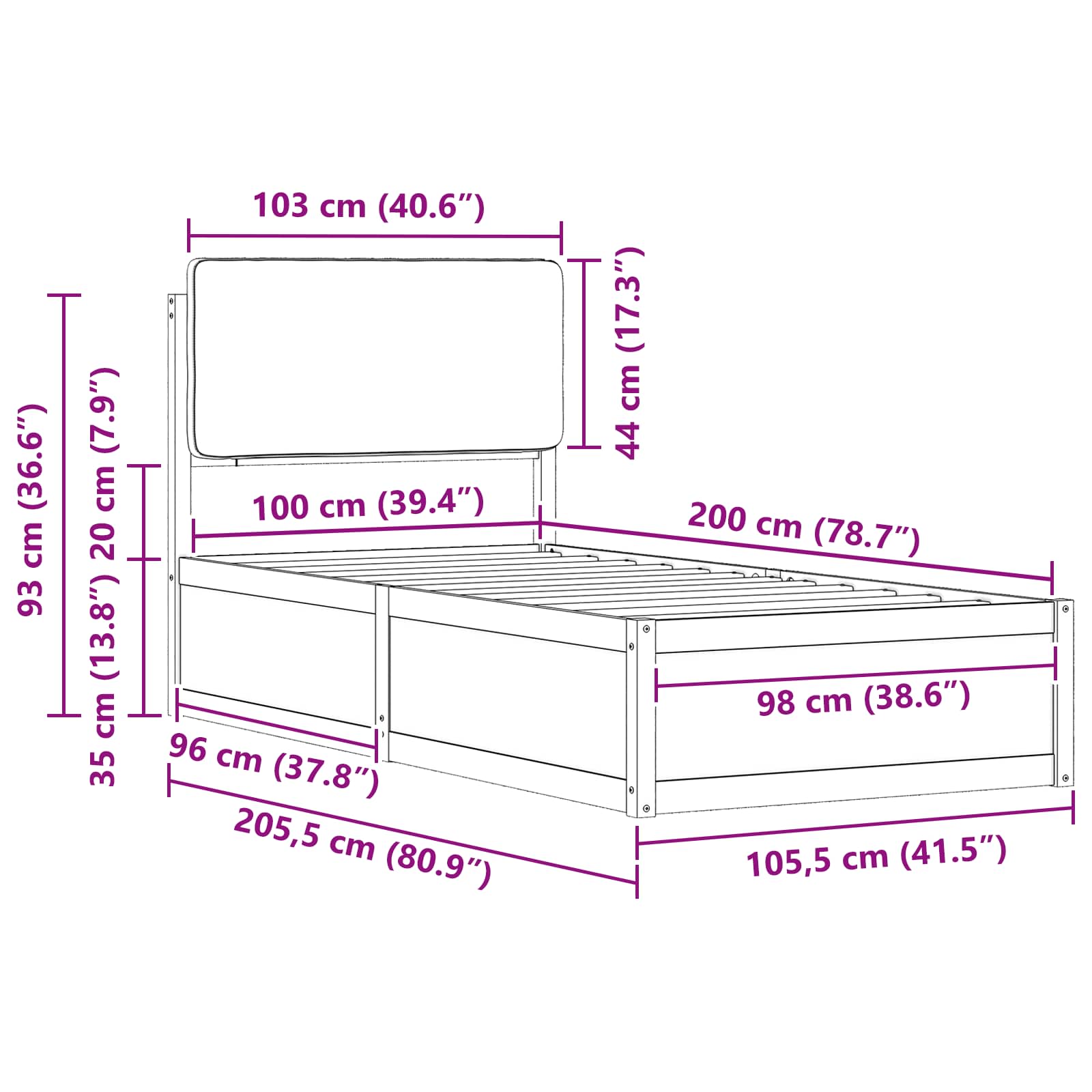 Bettgestell mit gepolstertem Kopfteil Schwarz 100 x 200 cm
