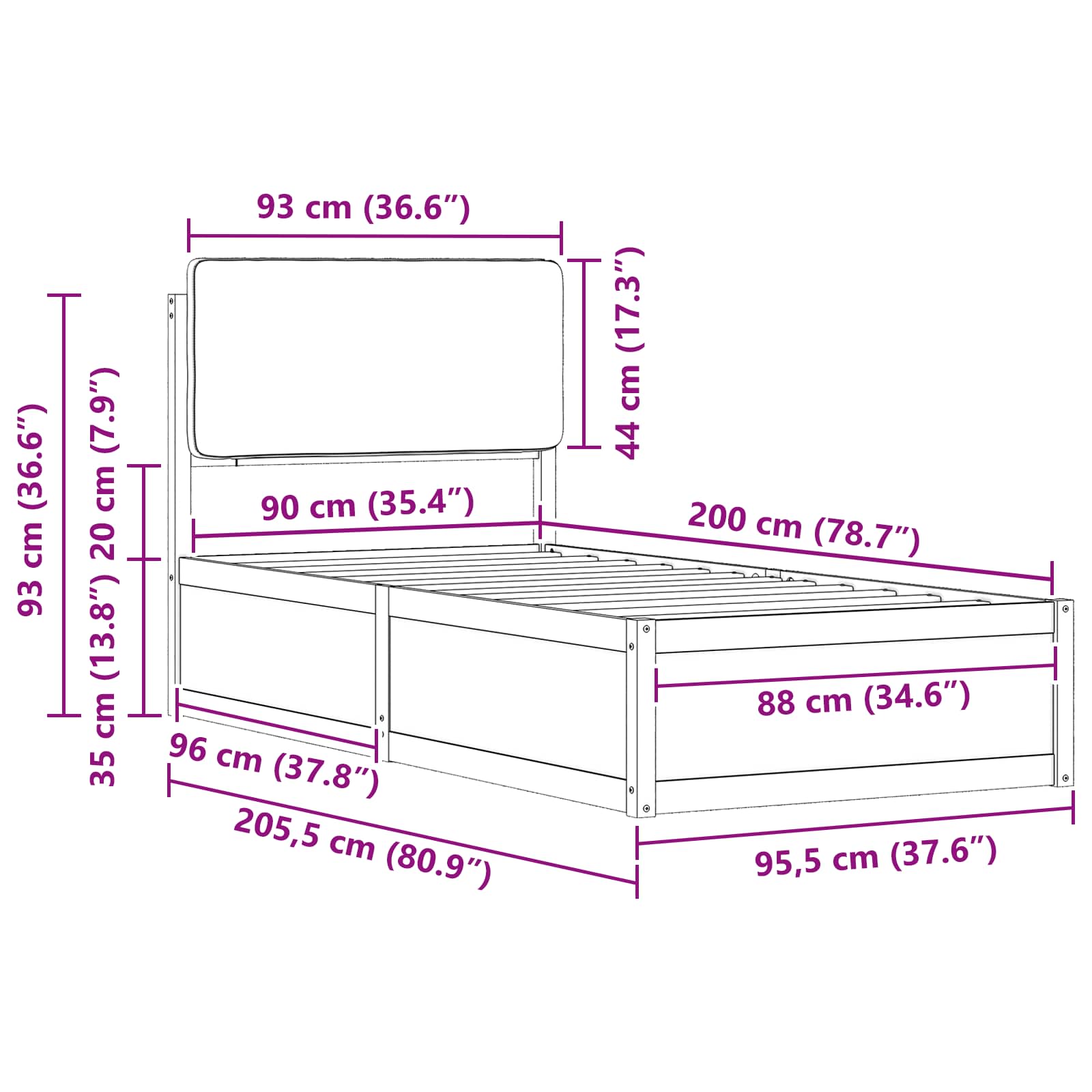 Bettgestell mit gepolstertem Kopfteil Hellgrau 90 x 200 cm