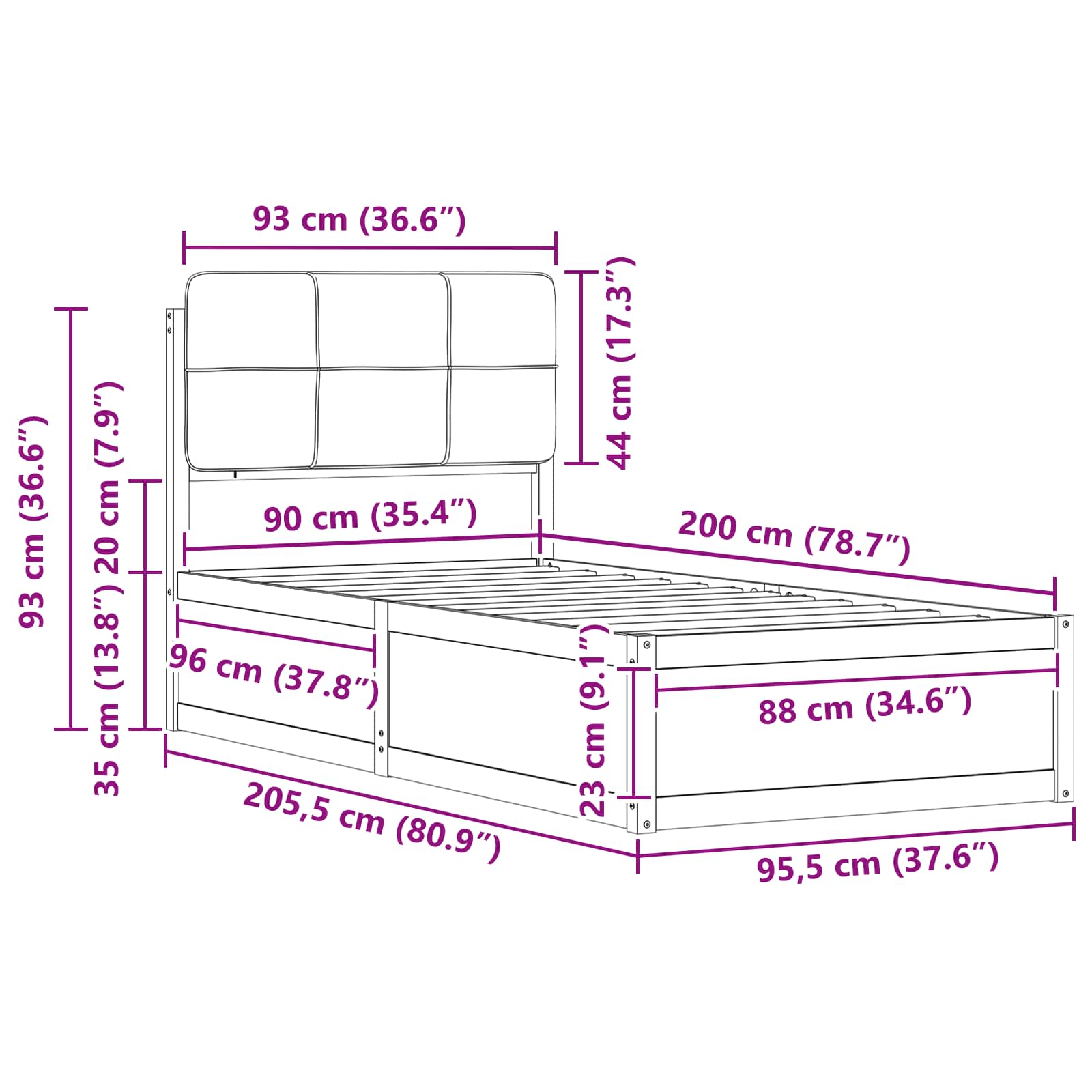 Bettgestell mit gepolstertem Kopfteil Schwarz 90 x 200 cm