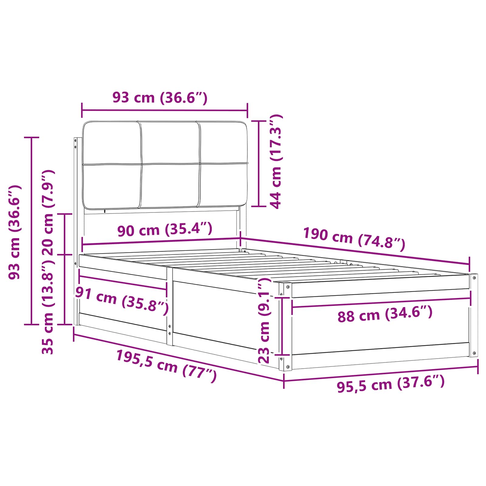 Bettgestell mit gepolstertem Kopfteil Taupe 90 x 190 cm