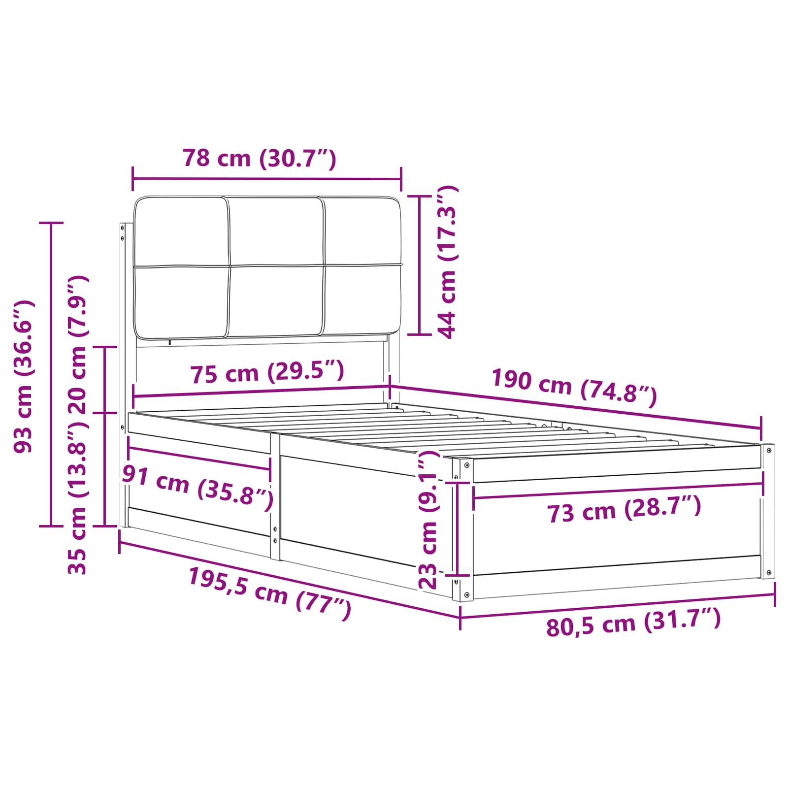 Bettgestell mit gepolstertem Kopfteil Schwarz 75 x 190 cm