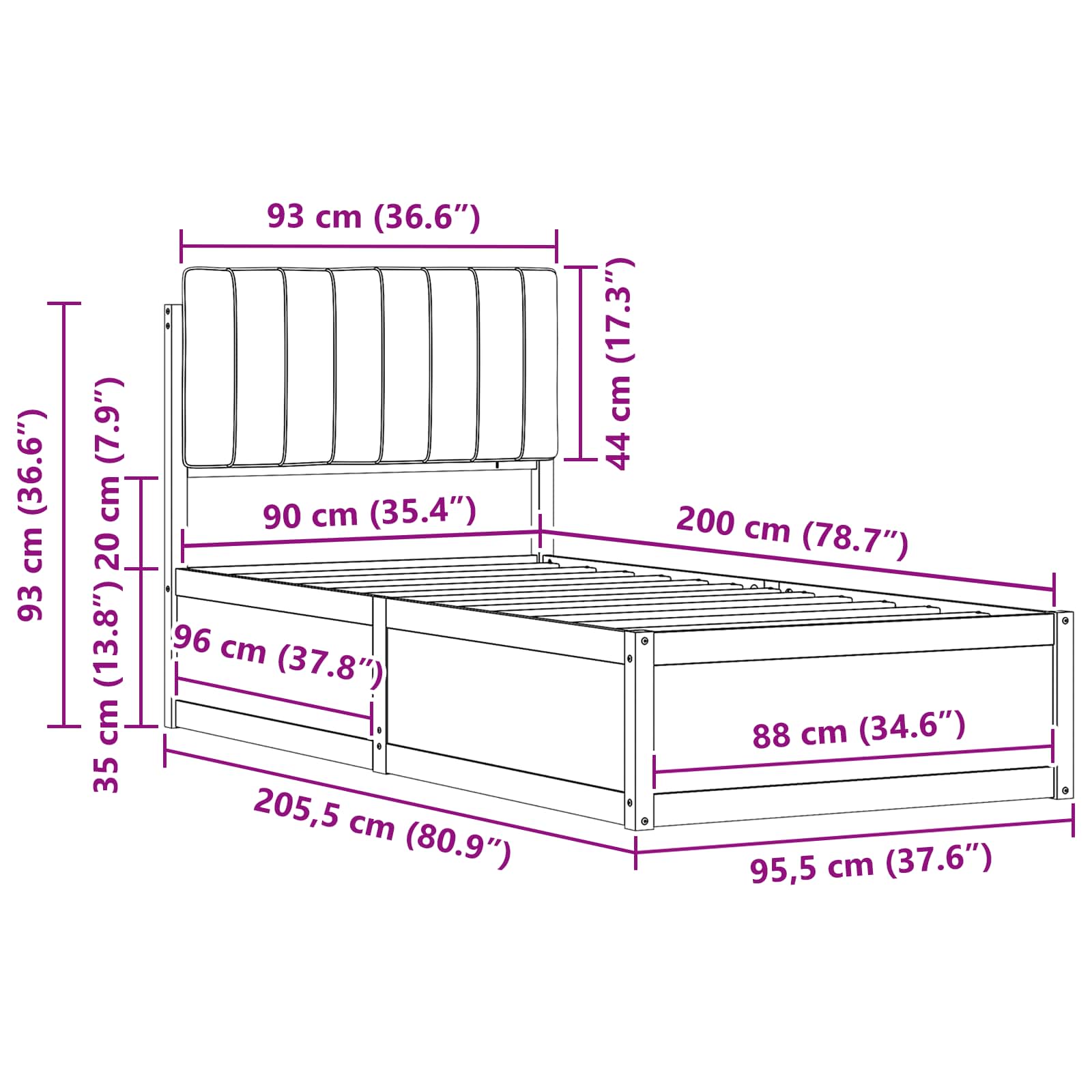 Bettgestell mit gepolstertem Kopfteil Dunkelgrau 90 x 200 cm