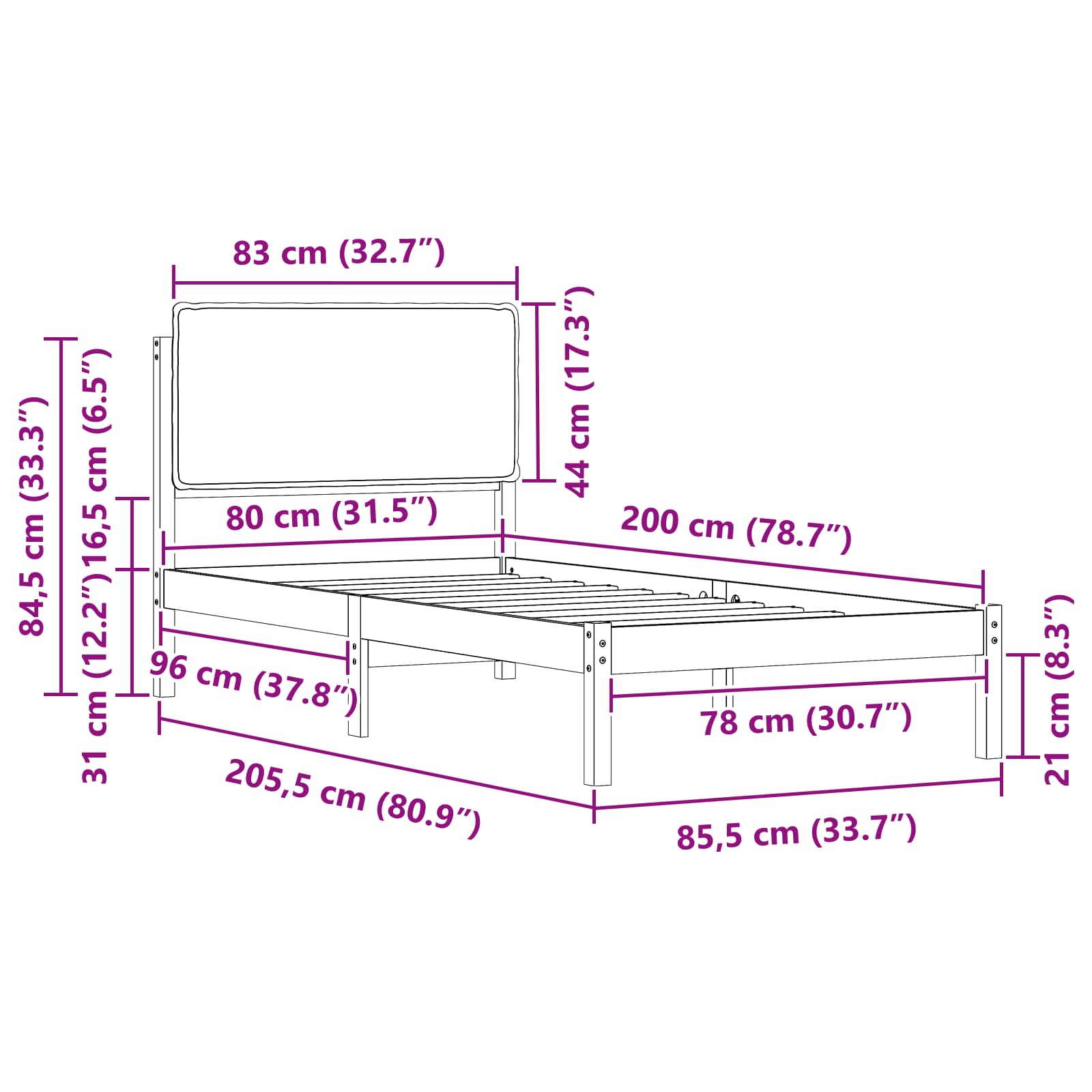 Bettgestell mit gepolstertem Kopfteil Dunkelgrau 80 x 200 cm