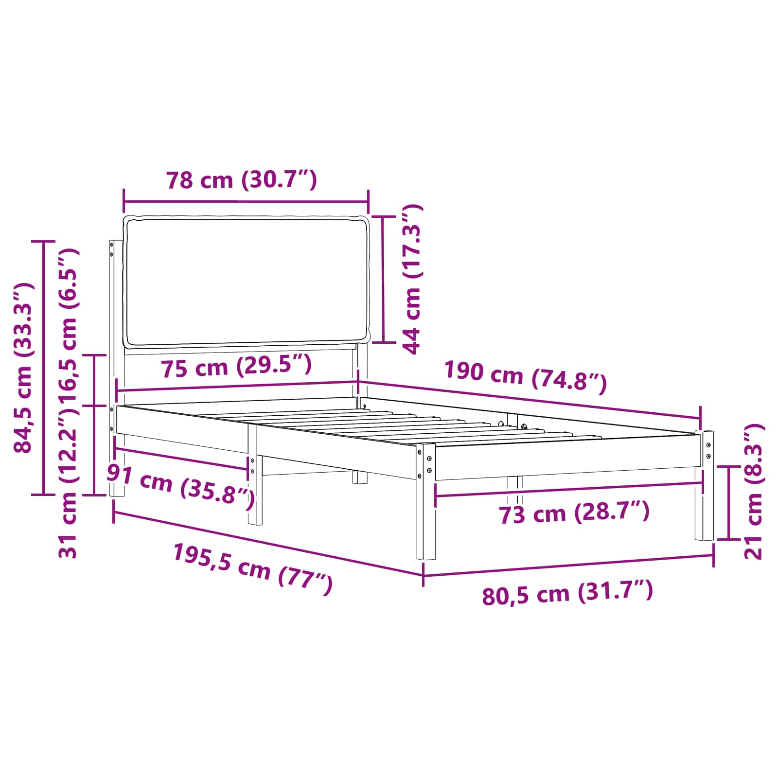 Bettgestell mit gepolstertem Kopfteil Schwarz 75 x 190 cm