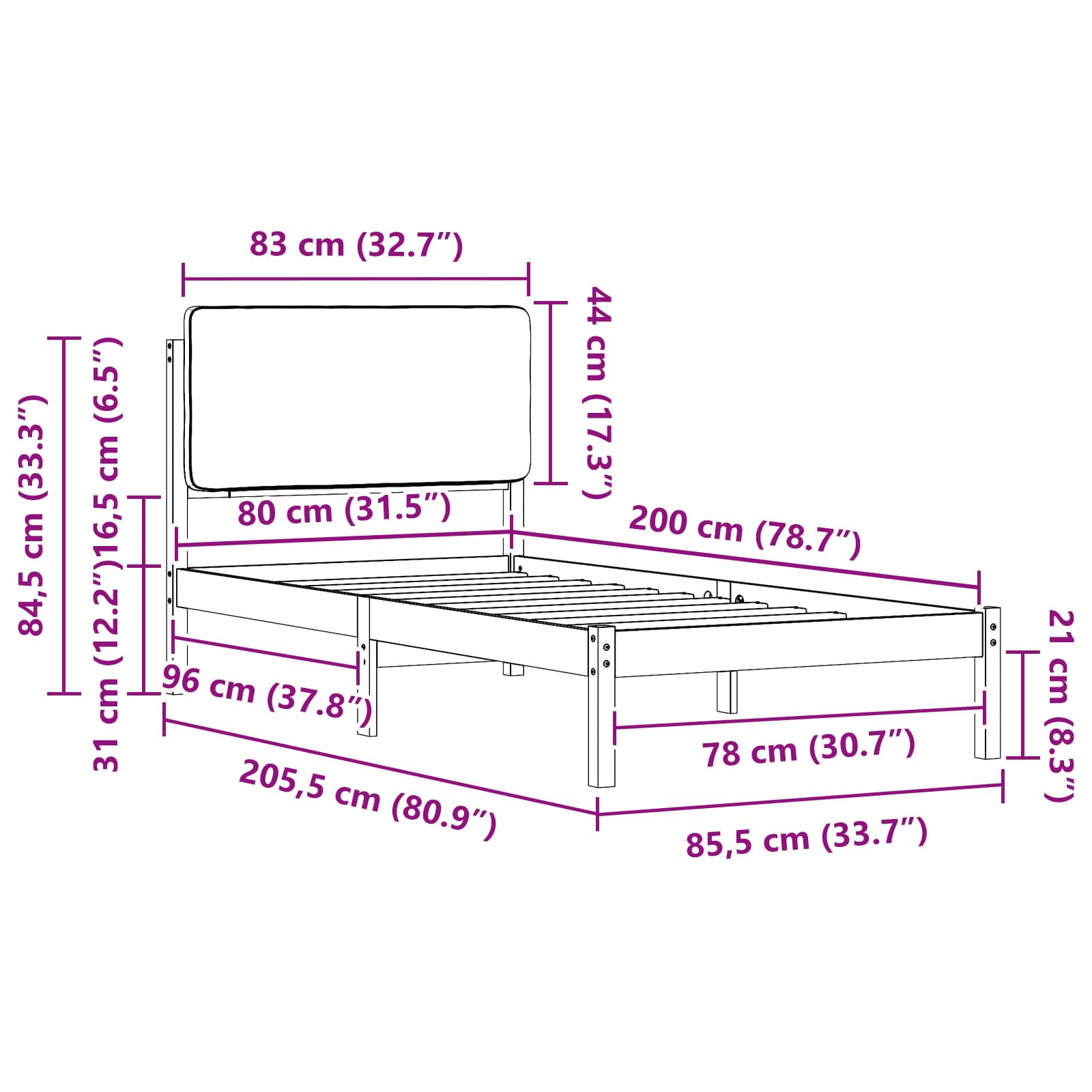 Bettgestell mit gepolstertem Kopfteil Schwarz 80 x 200 cm