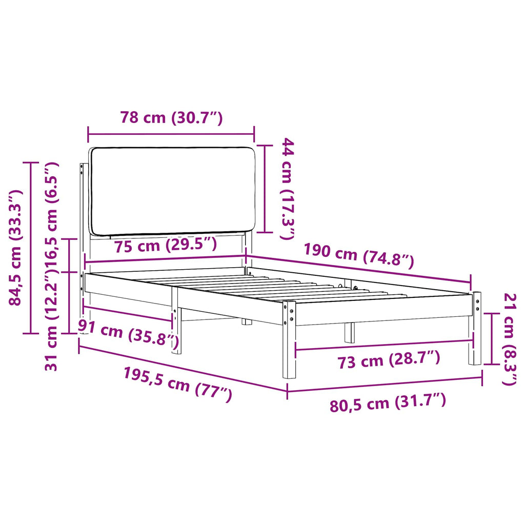 Bettgestell mit gepolstertem Kopfteil Schwarz 75 x 190 cm