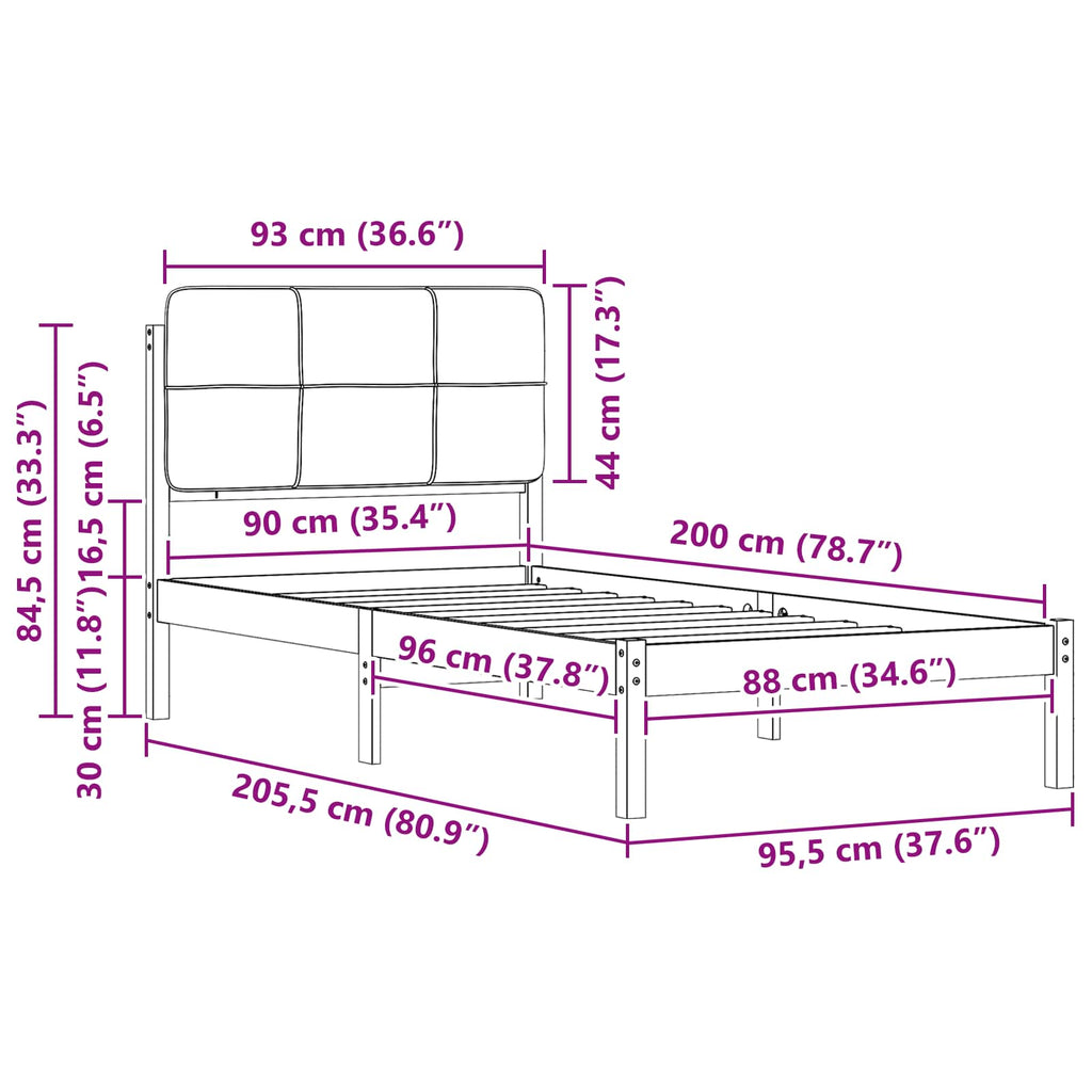 Bettgestell mit gepolstertem Kopfteil Schwarz 90 x 200 cm