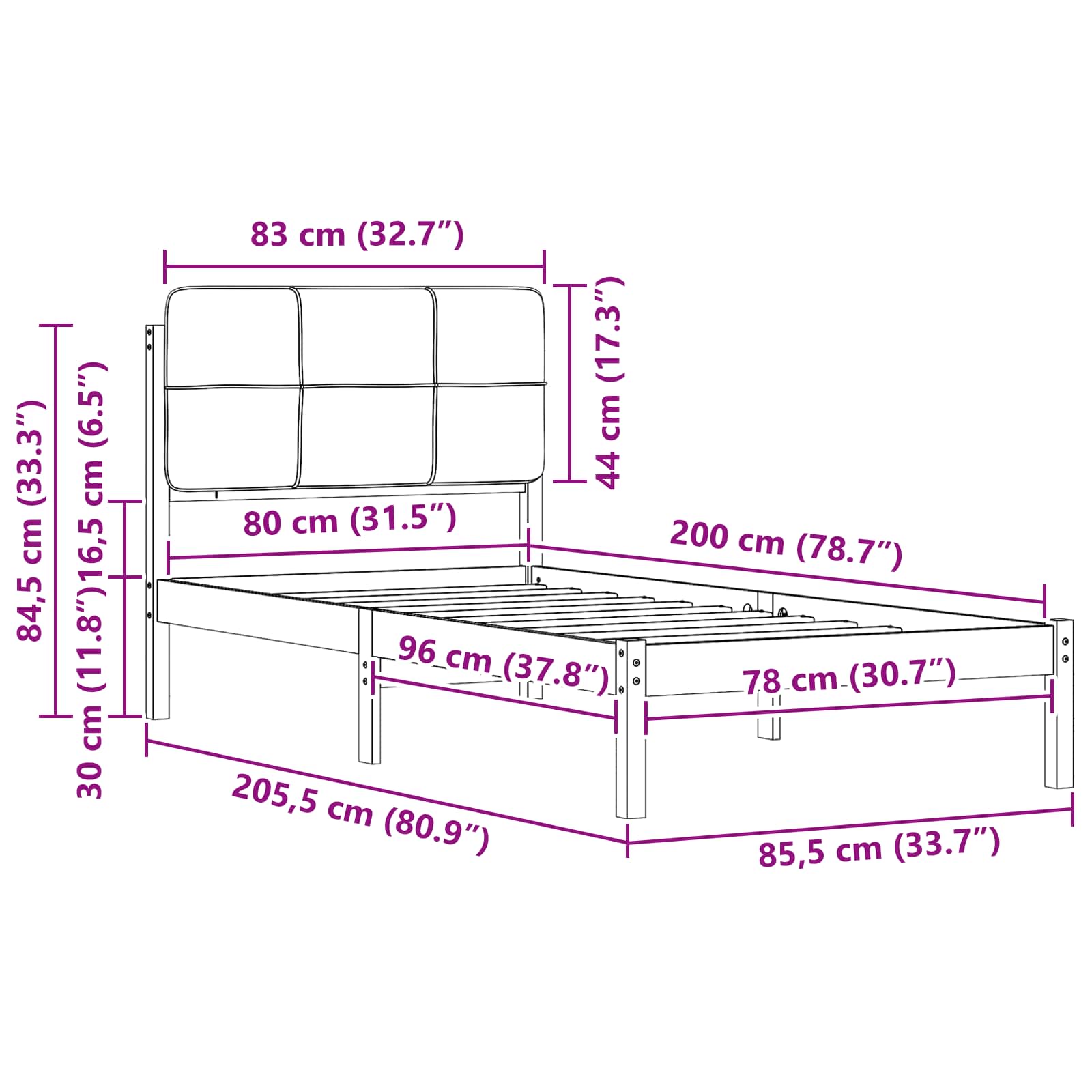 Bettgestell mit gepolstertem Kopfteil Hellgrau 80 x 200 cm