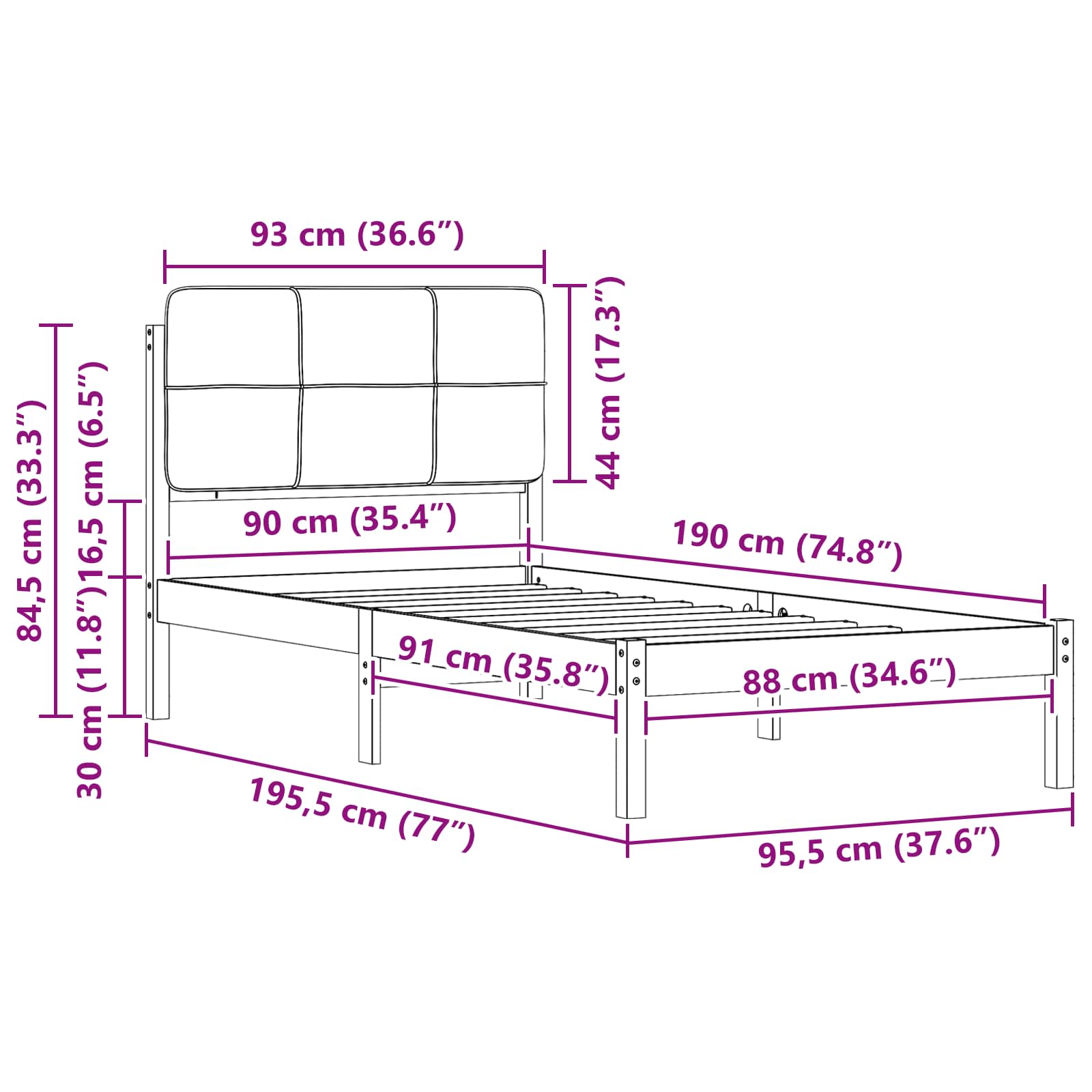 Bettgestell mit gepolstertem Kopfteil Hellgrau 90 x 190 cm