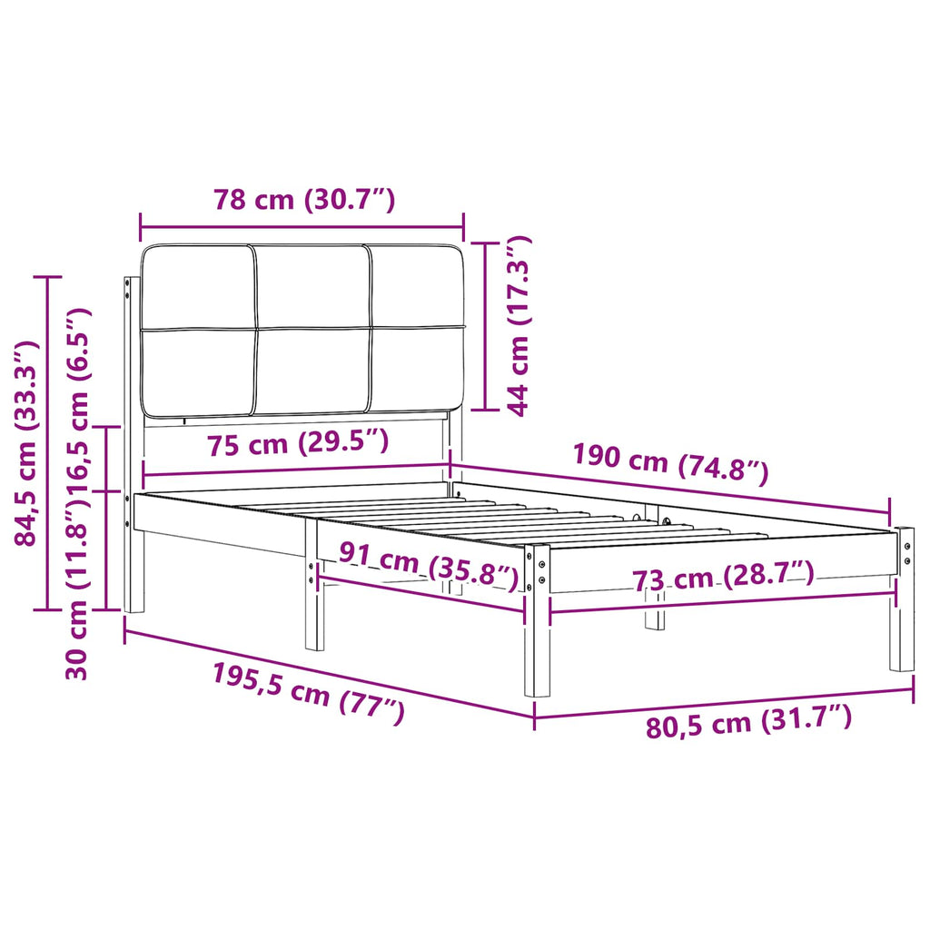 Bettgestell mit gepolstertem Kopfteil Hellgrau 75 x 190 cm