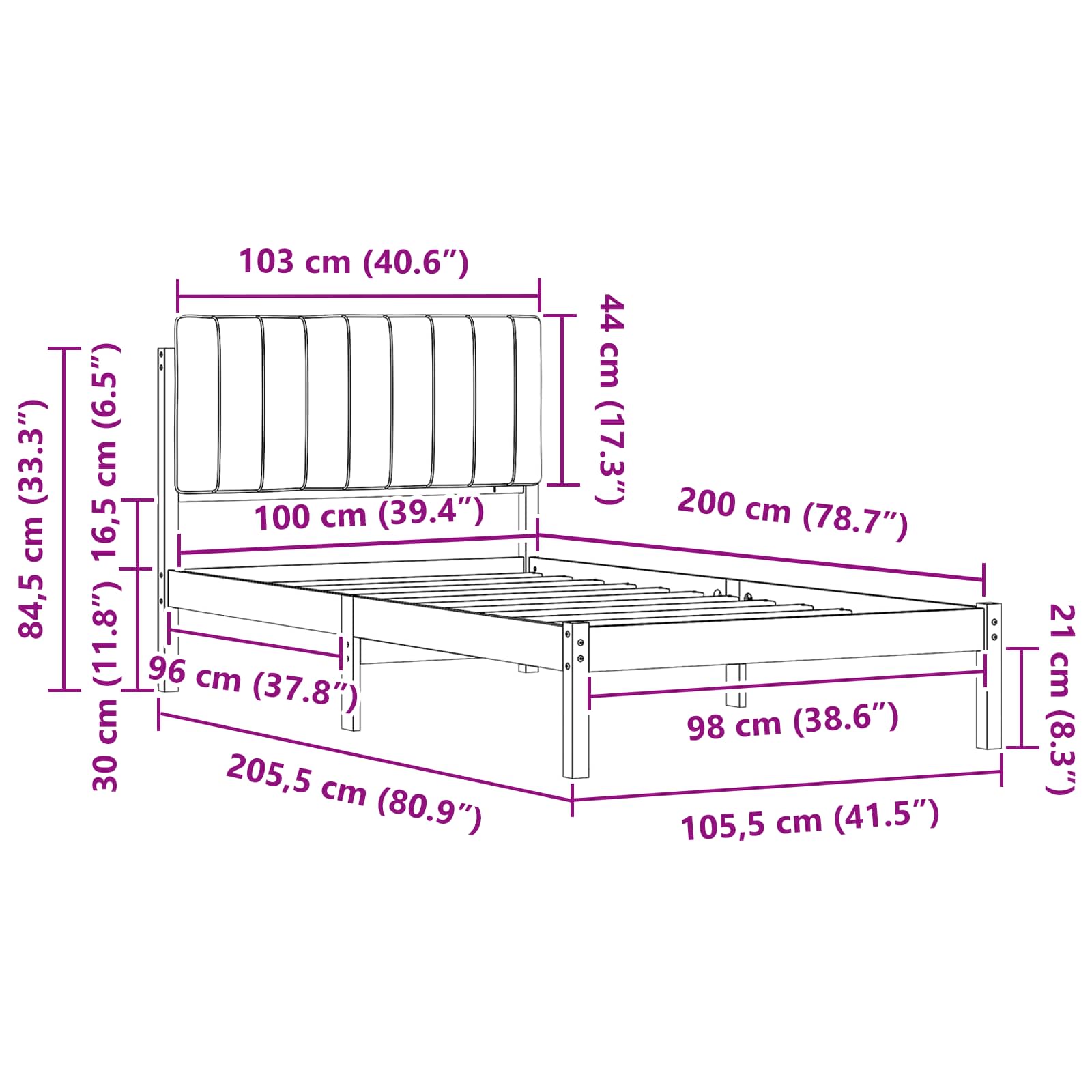 Bettgestell mit gepolstertem Kopfteil Schwarz 100 x 200 cm