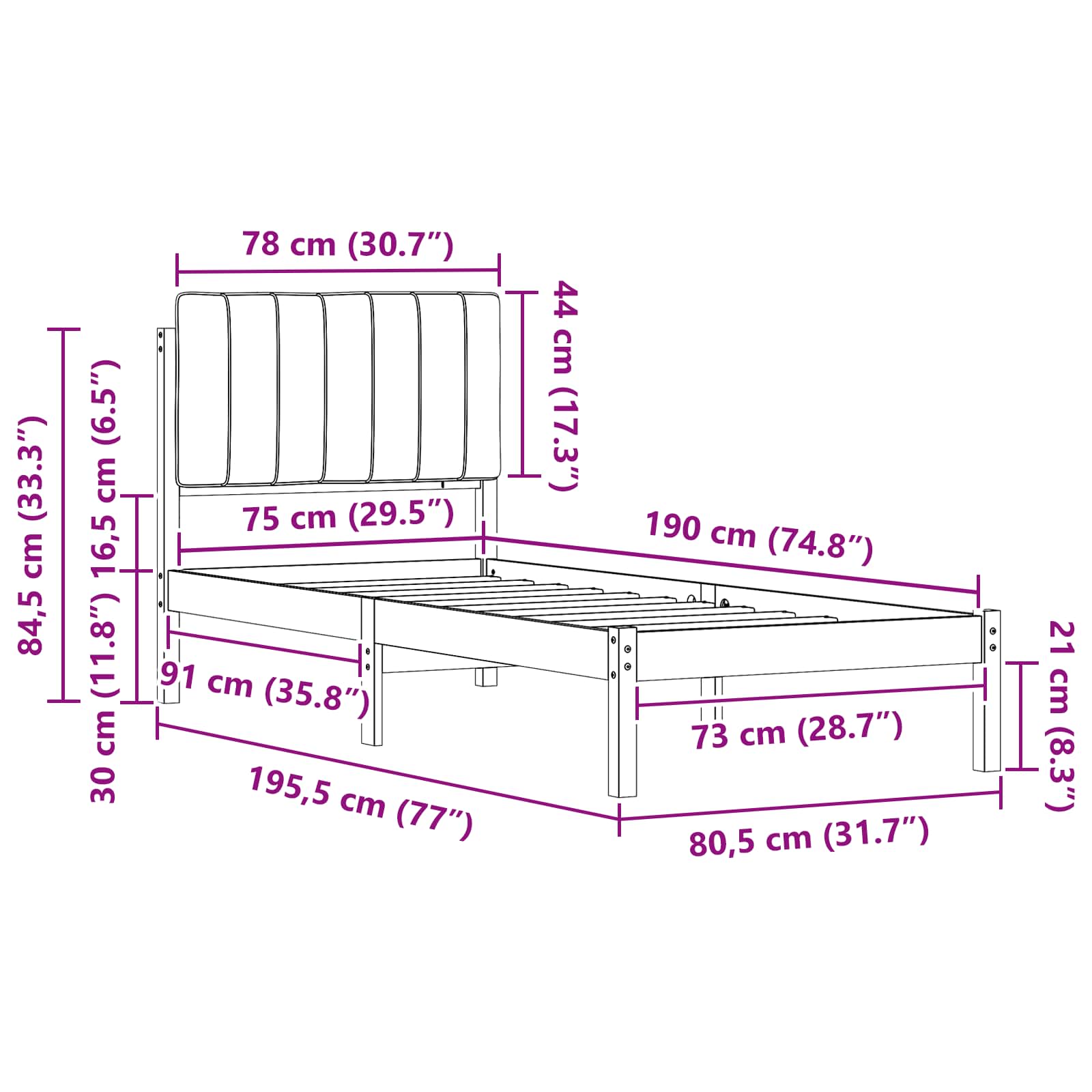 Bettgestell mit gepolstertem Kopfteil Dunkelgrau 75 x 190 cm