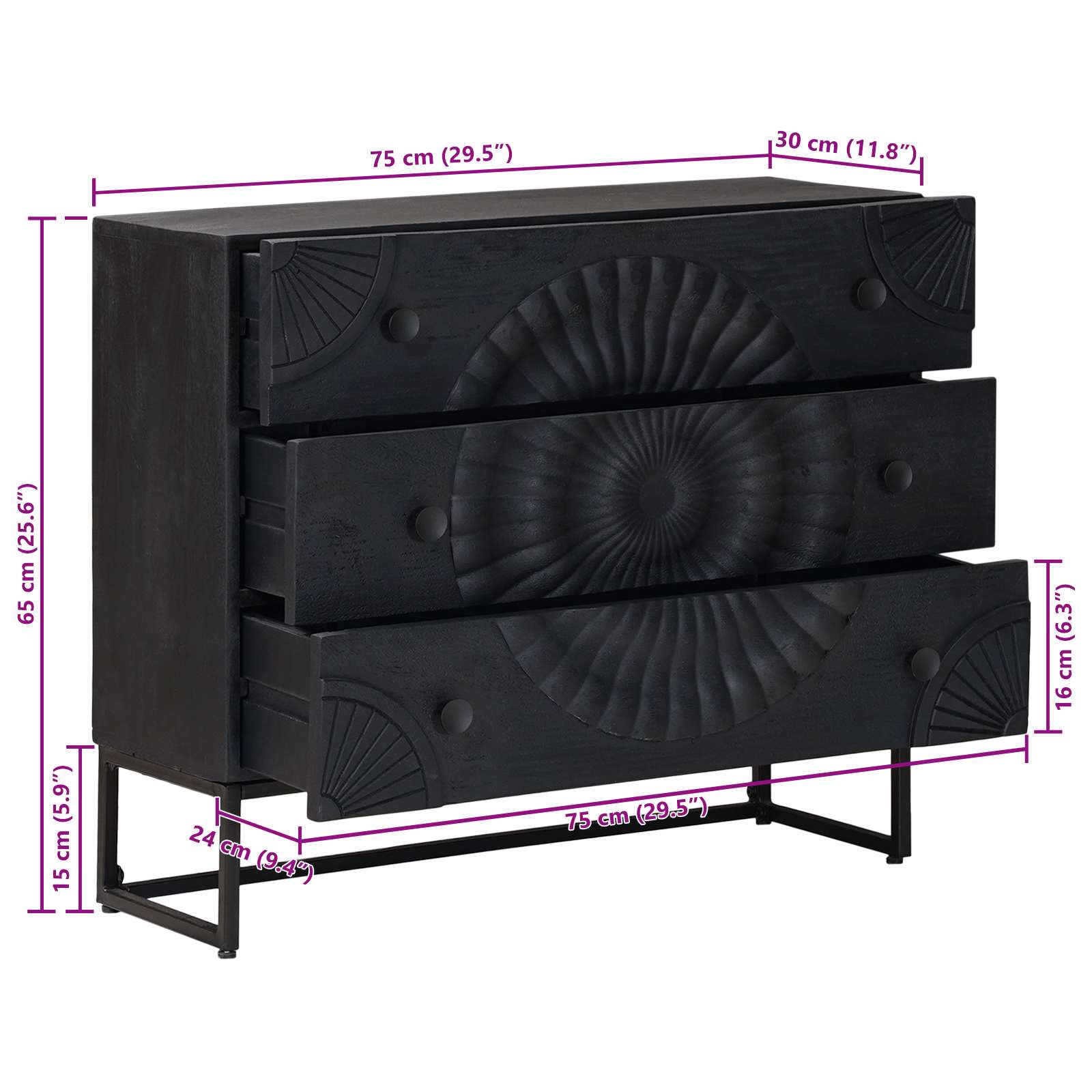Schubladenschrank mit Schubladen Schwarz 75 x 30 x 65 cm