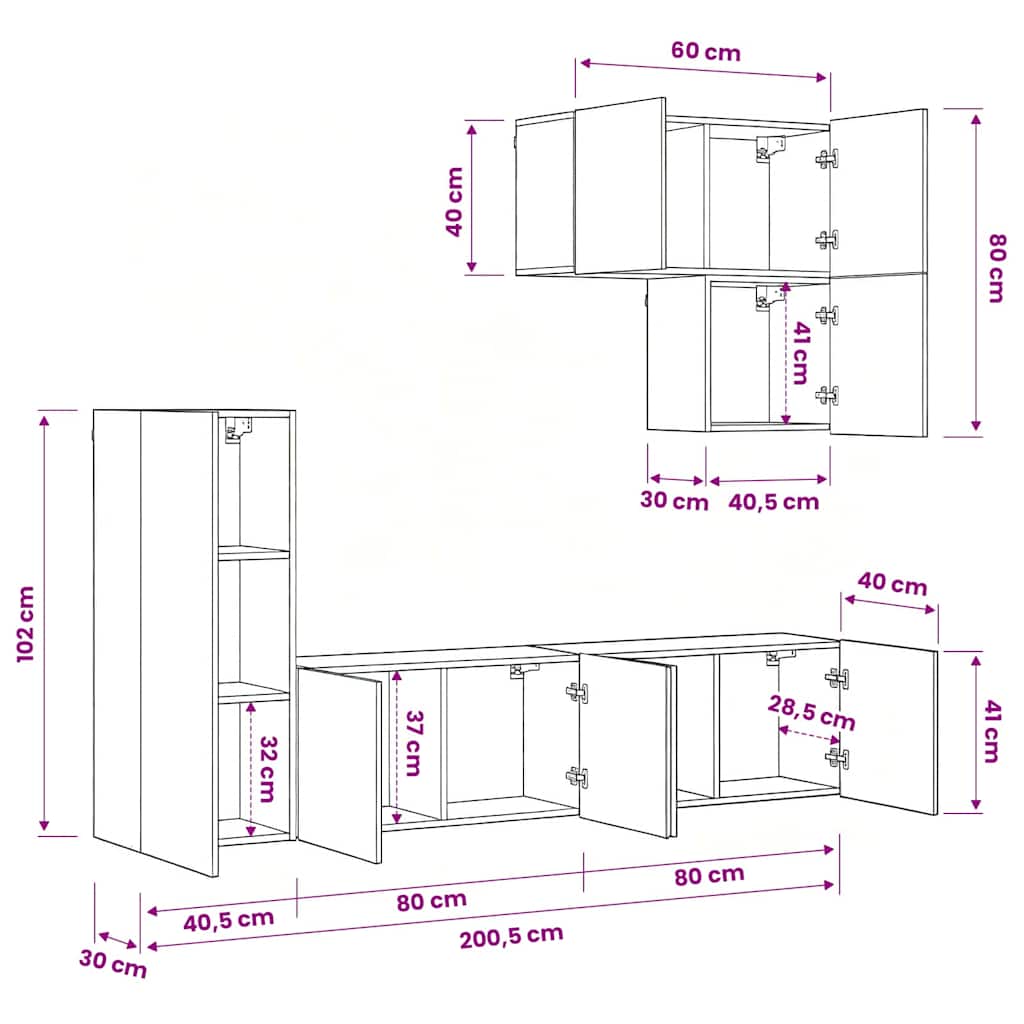 TV-Wandmöbel 5 pcs Schwarz Eichen-Optik Holzwerkstoff