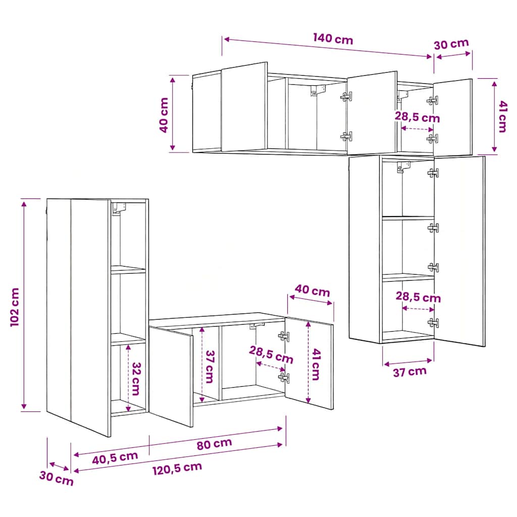 TV-Wandmöbel 5 pcs Schwarz Eichen-Optik Holzwerkstoff